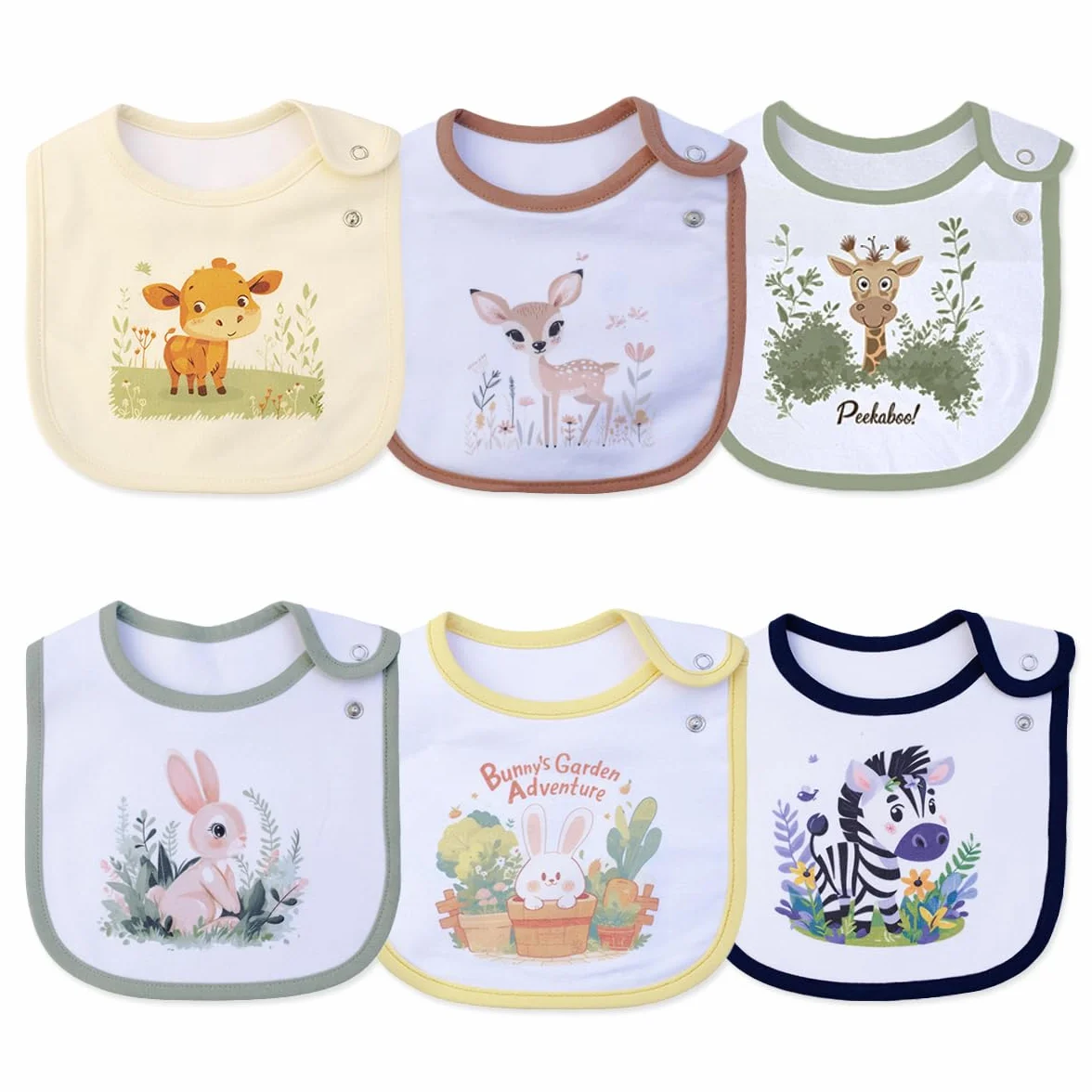 Bavoirs imperméables coton imprimé animal fleurs lot de 6 avec boutons réglables