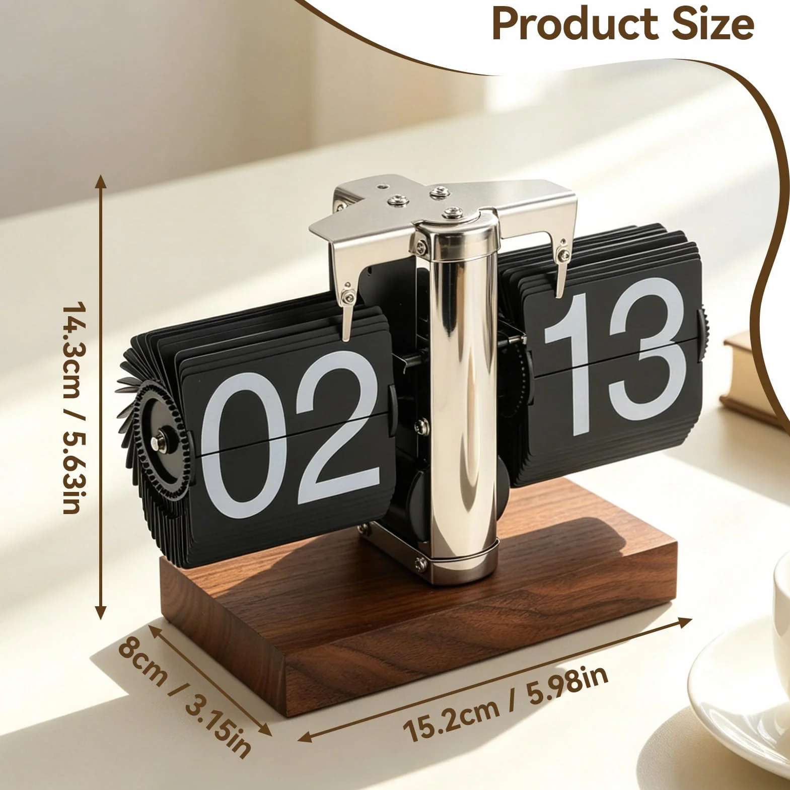 Horloge Rétro Flip Vintage Bureau Auto Mécanique 24h Bois Acier Inoxydable