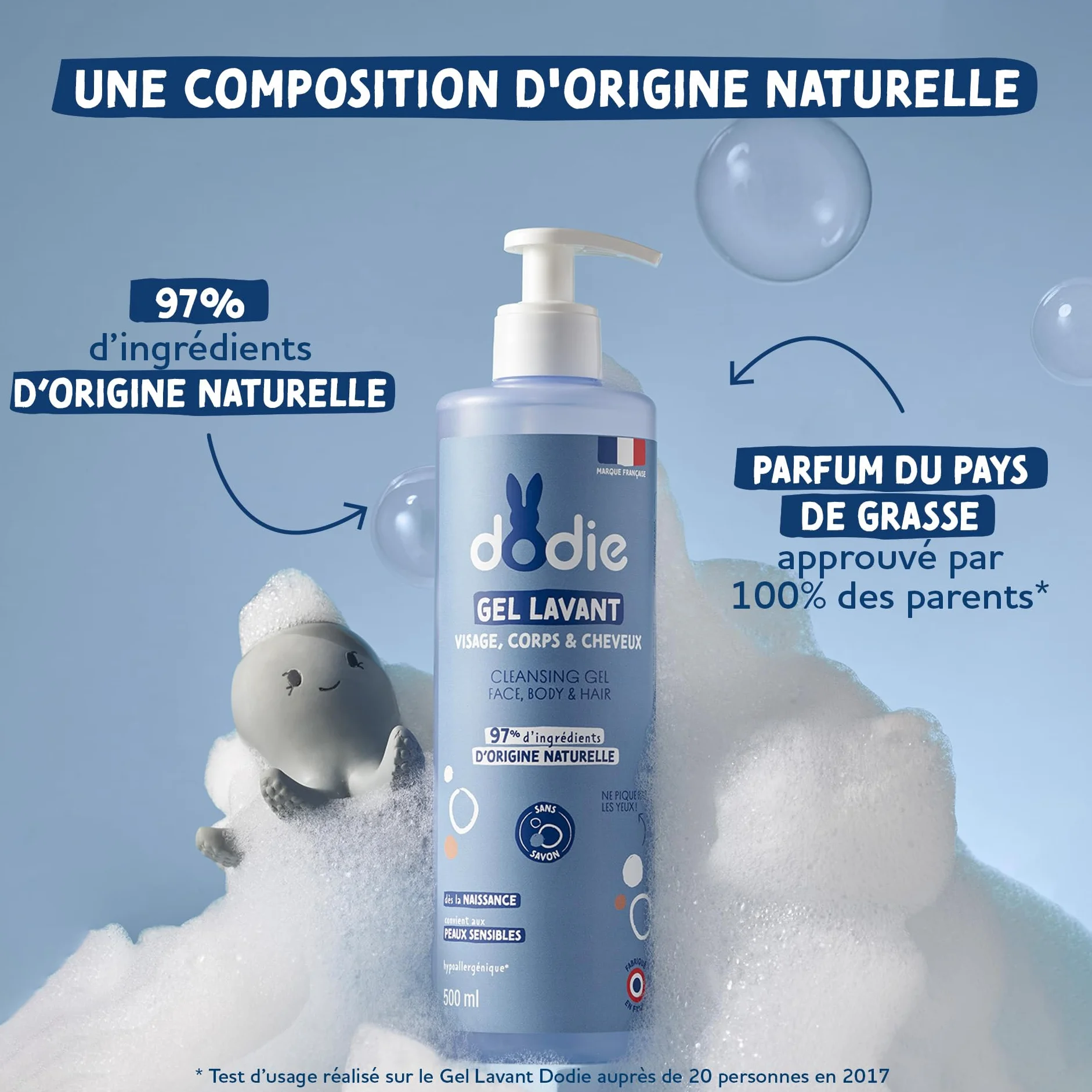 DODIE Gel Lavant 3 en 1 500 mL Nettoyant Visage Corps Cheveux Hypoallergénique Dès la naissance