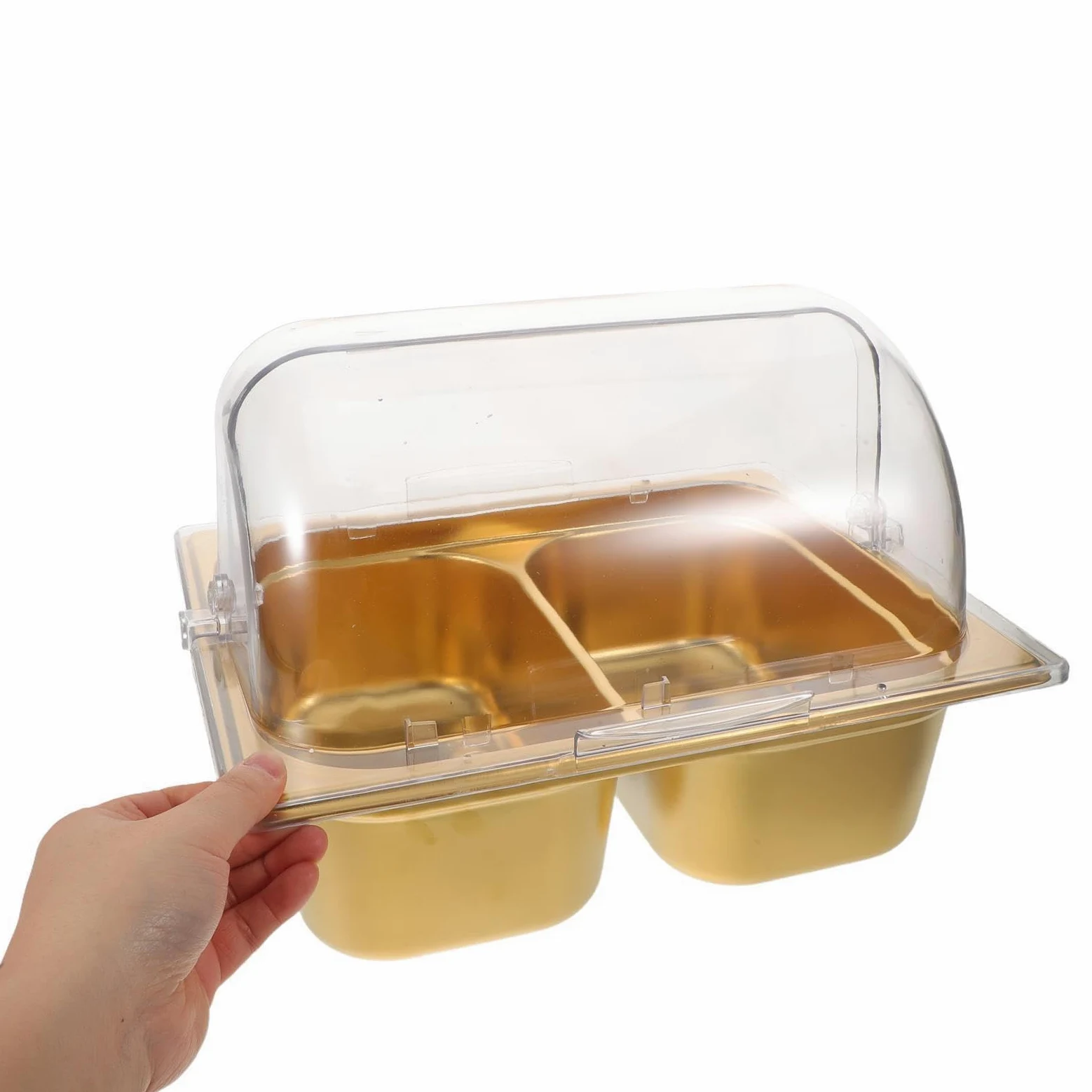 Plat de Service en Acier Inoxydable Double Compartiment pour Buffet | Finition Or, Séparation des Aliments, Nettoyage Facile, Usage Traiteur Cuisine Professionnelle