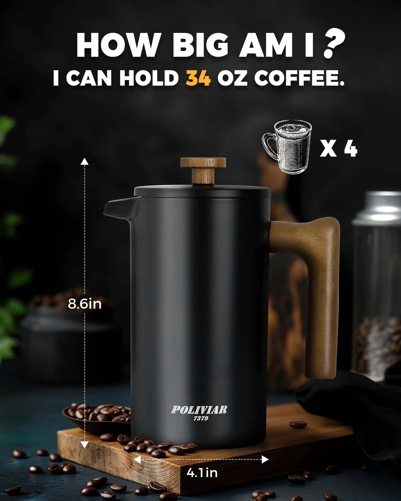POLIVIAR 7379 POLIVIAR Cafetiere 8 tasses, cafetière à piston avec poignée en bois, cafetière isolée à double paroi et 1 filtre supplémentaire, presse à café en acier inoxydable pour un bon café et t