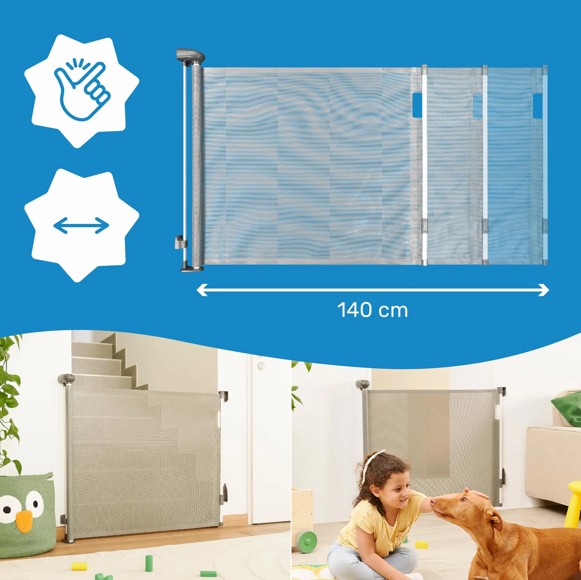 Badabulle Barrière de Sécurité Enfant Safe&Roll - Barrière Rétractable Extensible jusqu'à 140cm - Fixation Vis