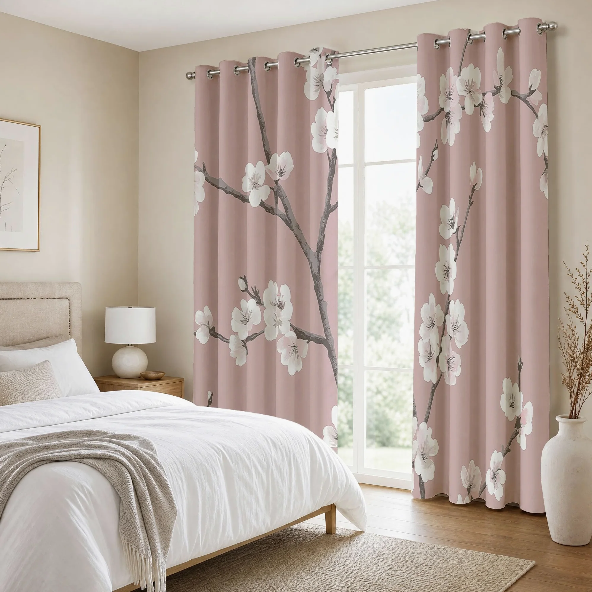 Rideau Cerisiers En Fleurs Japonais Chambre, 2 Pièces 140X160 Cm (Lxh) | Rideaux Occultant Fleurs Élégantes Branches Salon, Thermique Oeillets Fenêtre Decoration, Opaque Draperies Rose