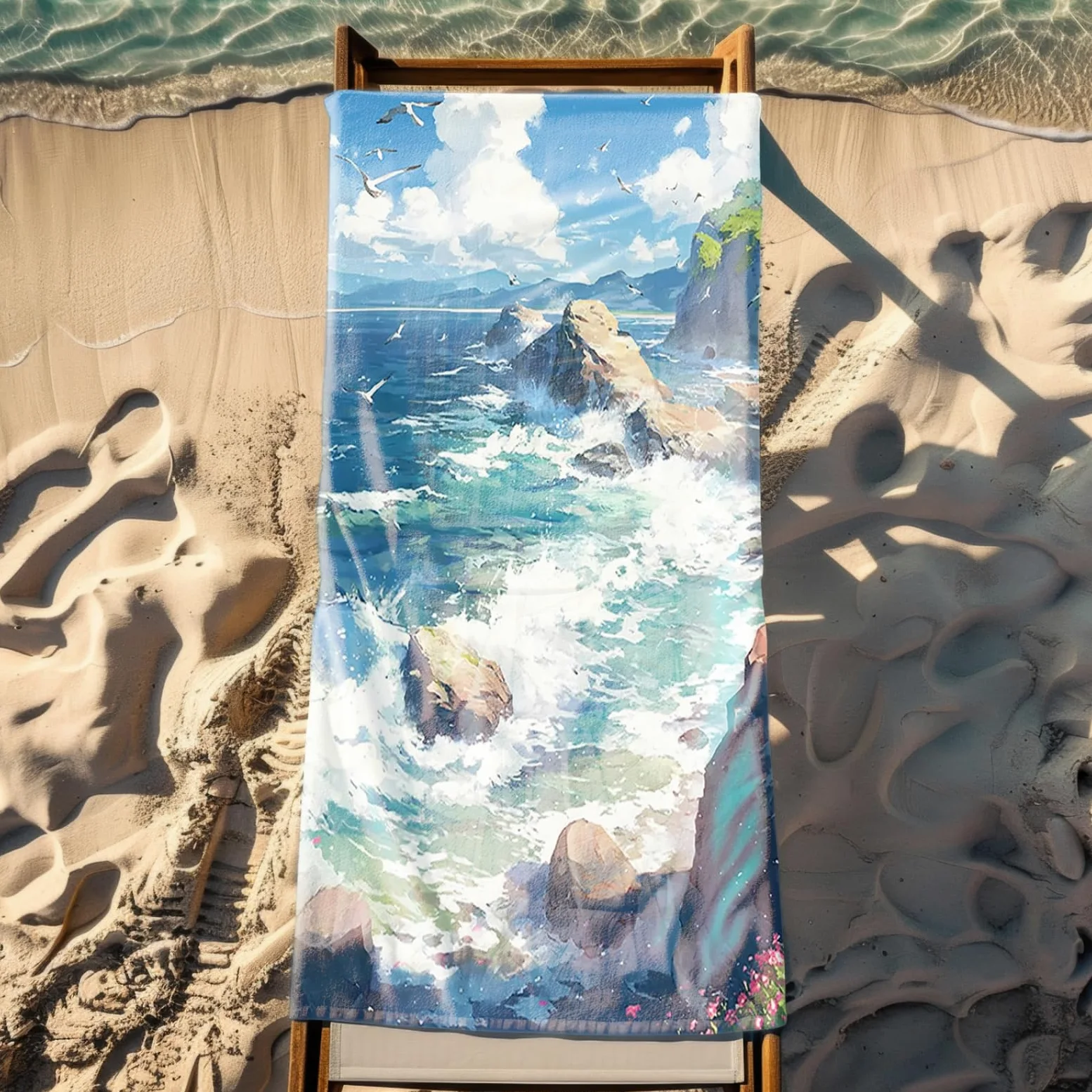 Tapis de Plage XXL Anti Sable Plage Seagull Bleu Serviette Piscine Adulte,Natte De Plage Pliable, Voyage Accessoires De Plage Camping,Serviette de Bain Personnalisée