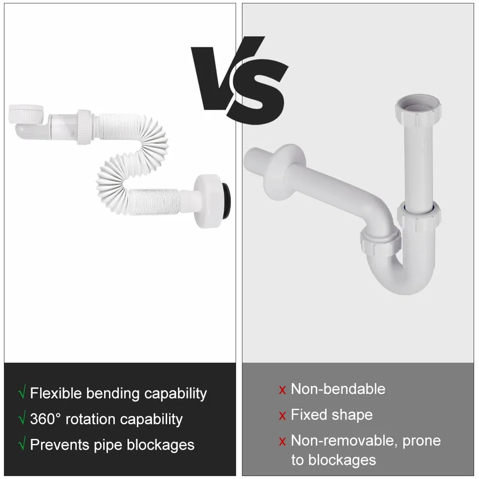 Siphon Lavabo Evier Cuisine 1 1/4 Zoll Plastique Gain de Place Adaptable à l'épreuve des Odeurs Tuyau de Vidange Flexible Universel