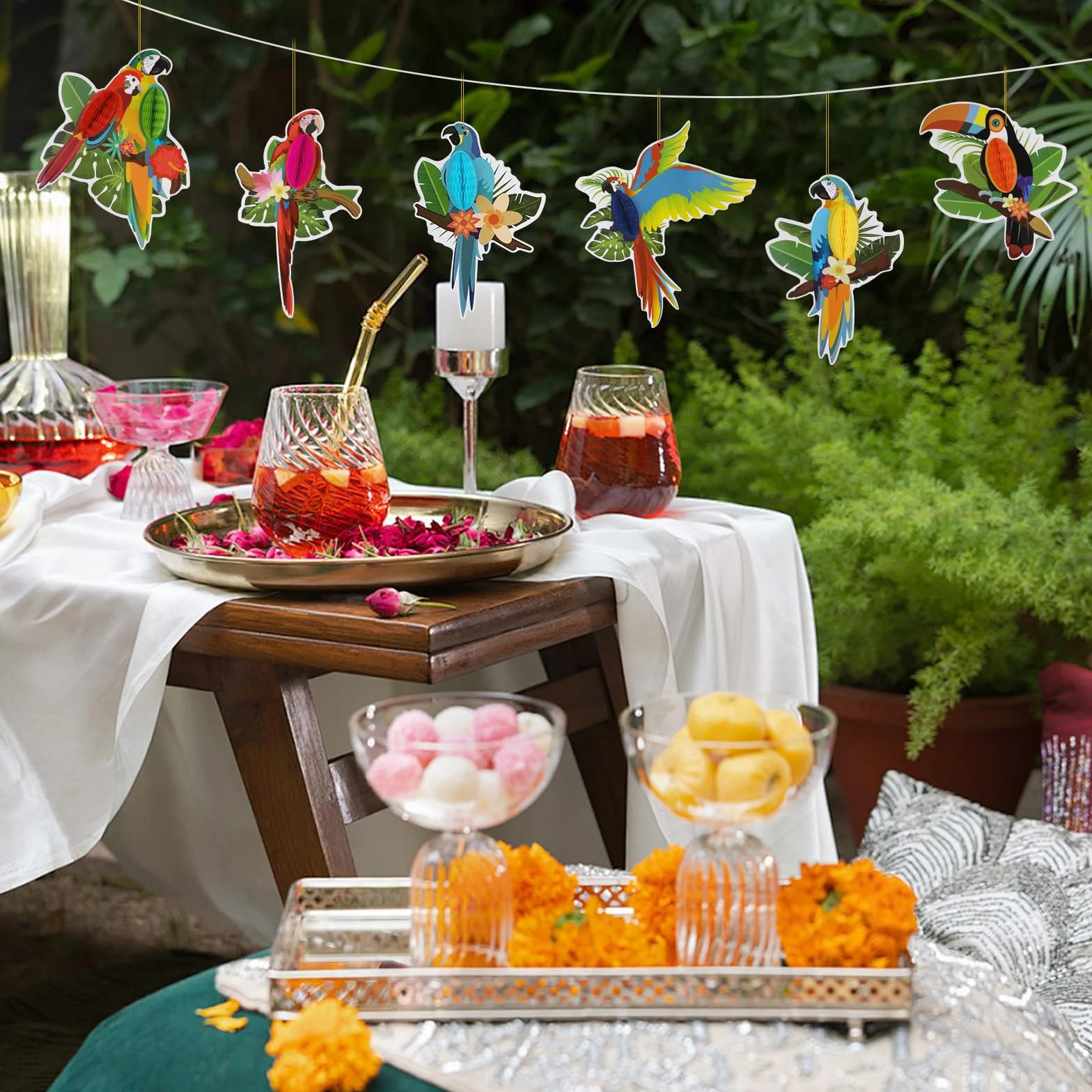 Lot de 6 découpes en papier nid d'abeille oiseaux tropicaux, perroquet hawaïen, décoration fête forêt tropicale