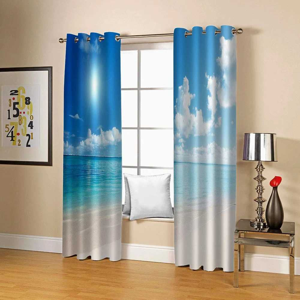 Rideaux Et Draperies Intérieurs 3D Ciel Bleu Nuage Blanc Vue Mer Motif Rideau Occultant À Oeillets Decoration Salon Chambre Maison pour Enfant Adulte 2 Pièces 280x160Cm Design Moderne Imprimé