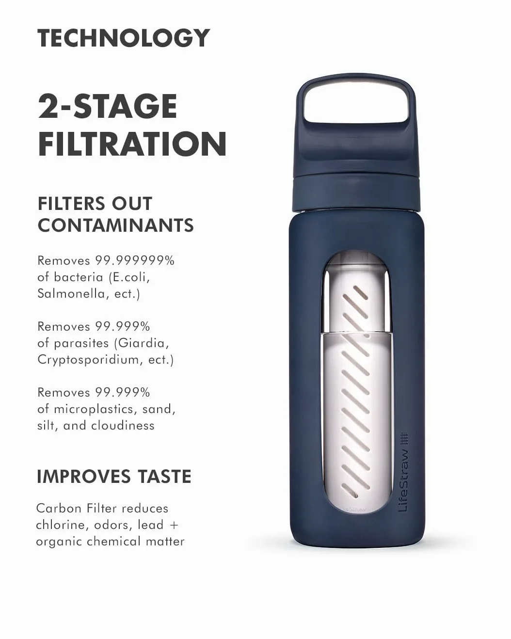 LifeStraw Go Series – Bouteille filtrante en verre soufflé à la main avec manchon en silicone pour l'hydratation à la maison ou en déplacement, mer Égée, 590 ml