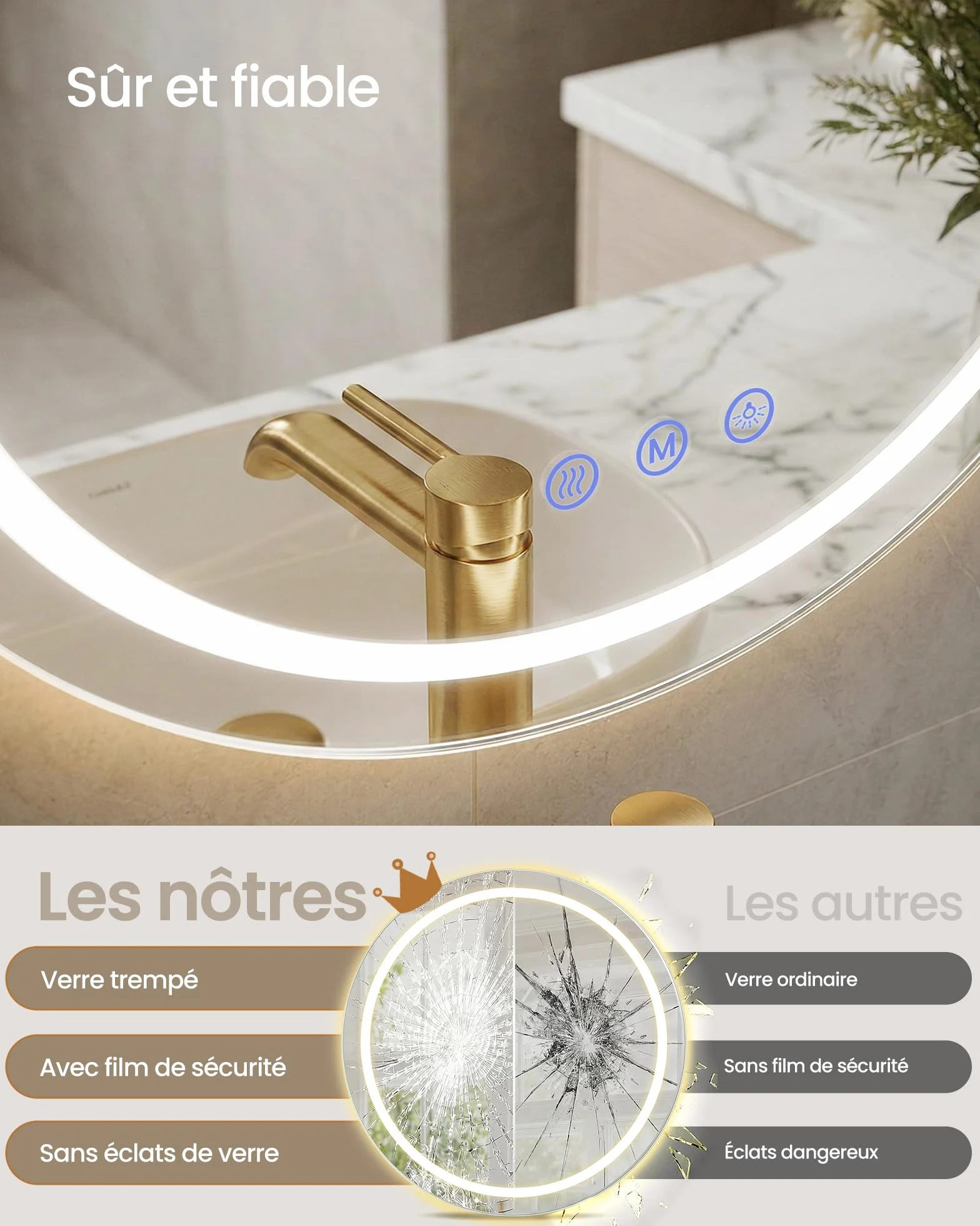 SONGMICS Miroir de Salle de Bain avec Éclairage Anti-buée 61 cm Blanc Nuage LWM211WC02