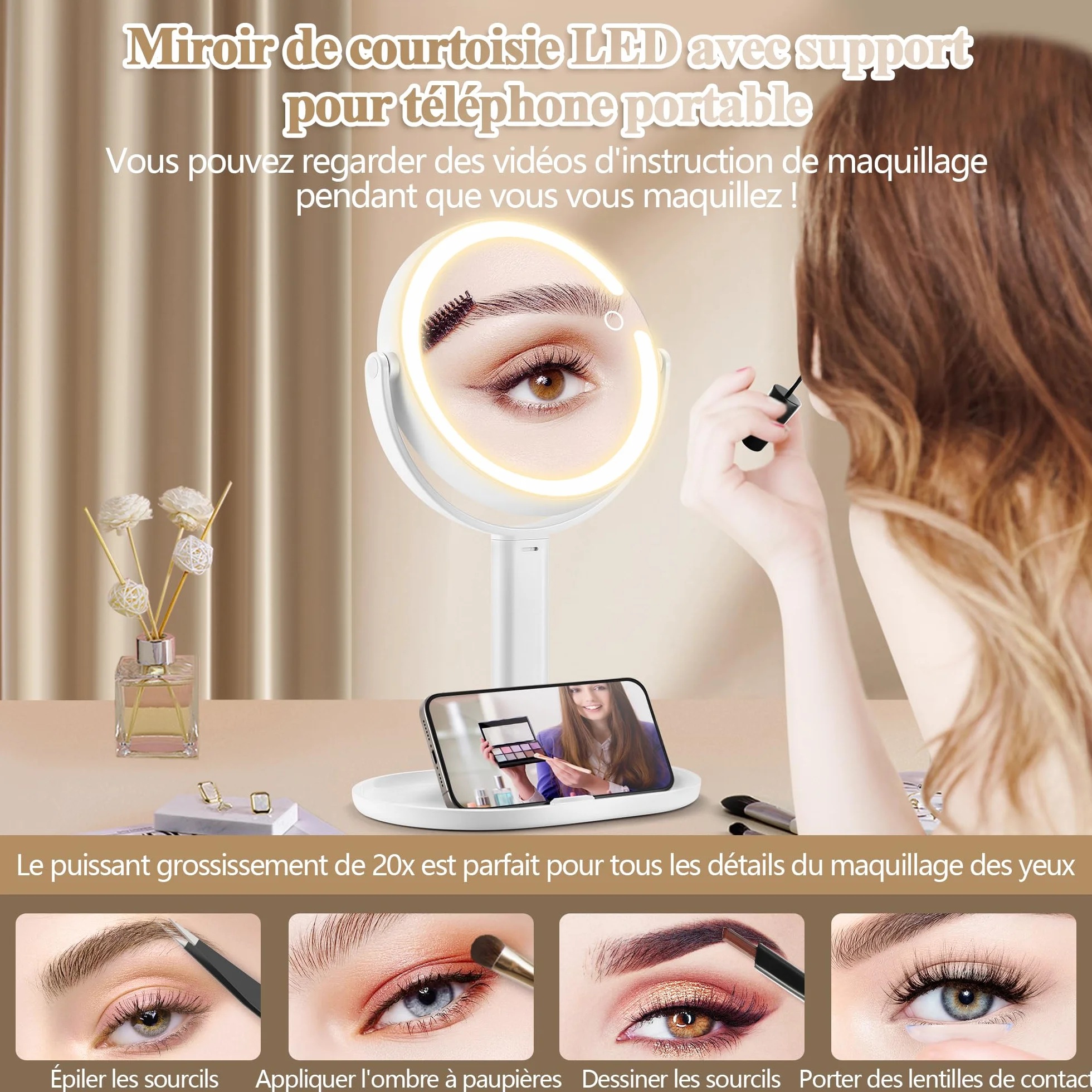 MOMOKUBA Miroir Grossissant Lumineux X 20, Miroir Grossissant sur Pied 8", Double Face 64 LED, Rechargeable Rotation 360°