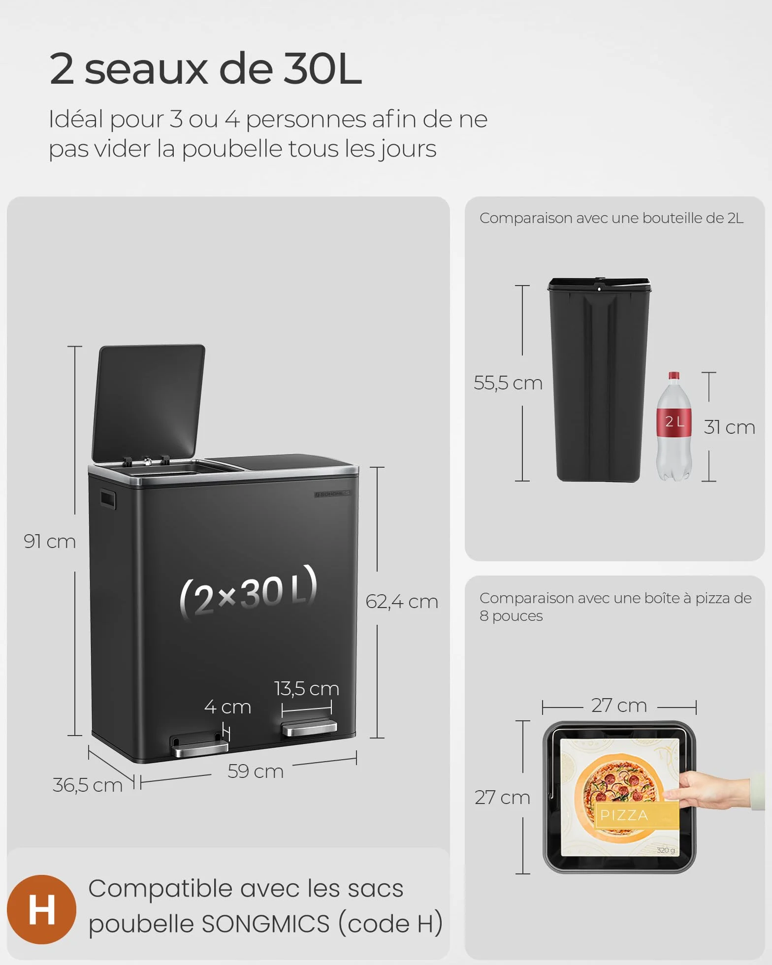 SONGMICS Poubelle Cuisine Tri Sélectif 2 x 30L, Seaux Plastique avec Pédales Métal, Noir LTB60BK