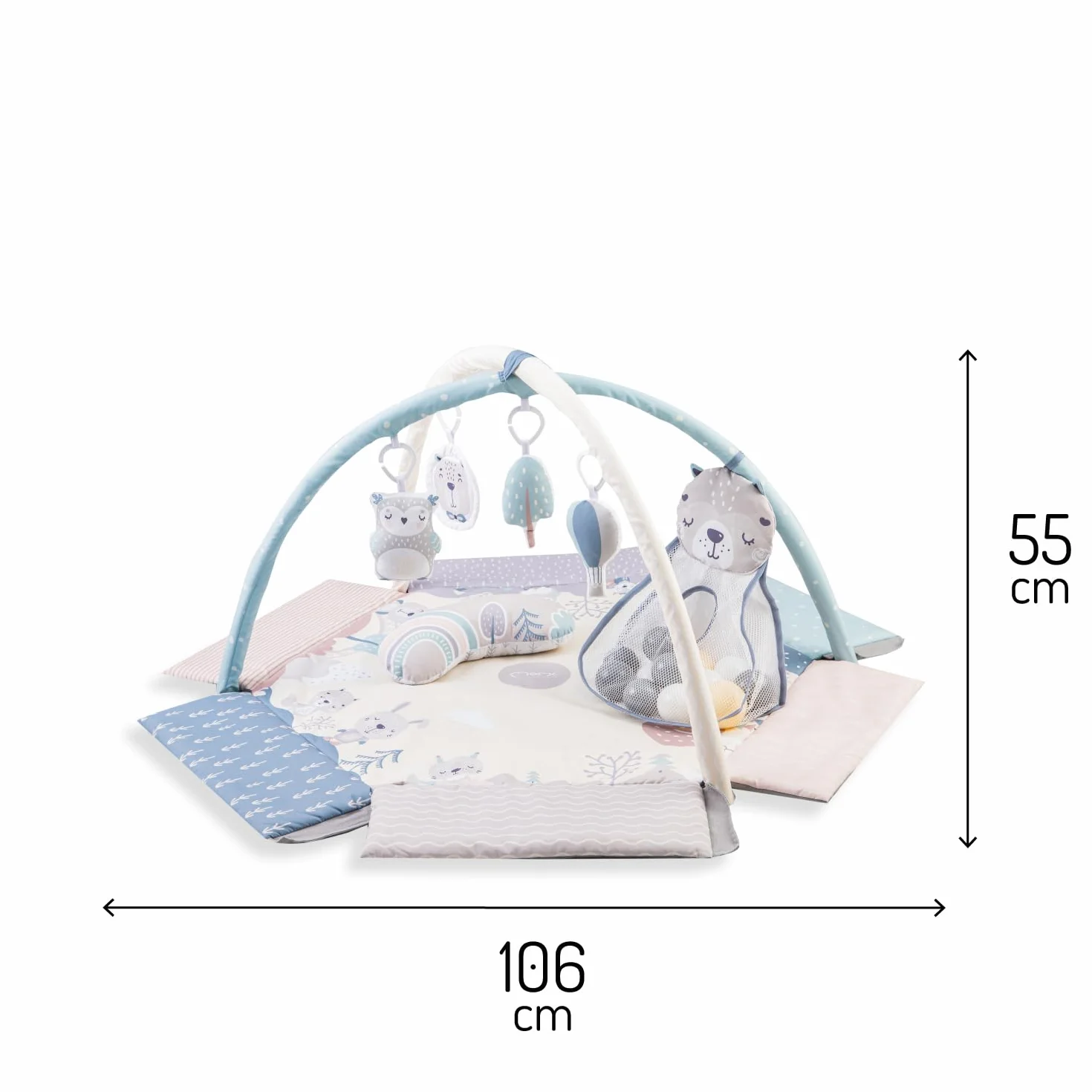 Arche de jeu MoMi PASTEL 3 en 1 avec tapis rampant, bain de balles, 5 jouets, 20 balles
