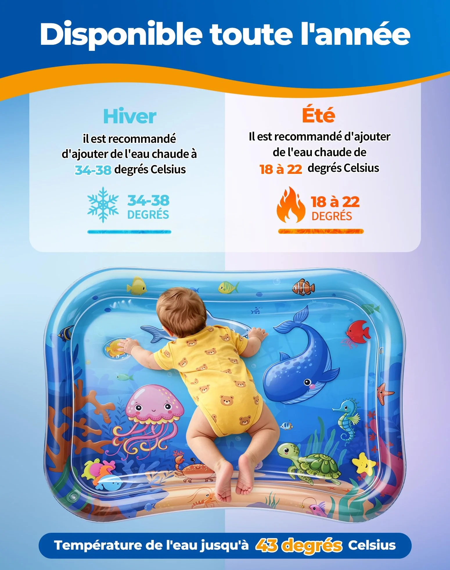 Grand Tapis d'eau Bébé 95x76cm Gonflable Tummy Time Sensoriel Poisson pour Bébés et Tout-petits Cadeau Jouet 3-12 Mois