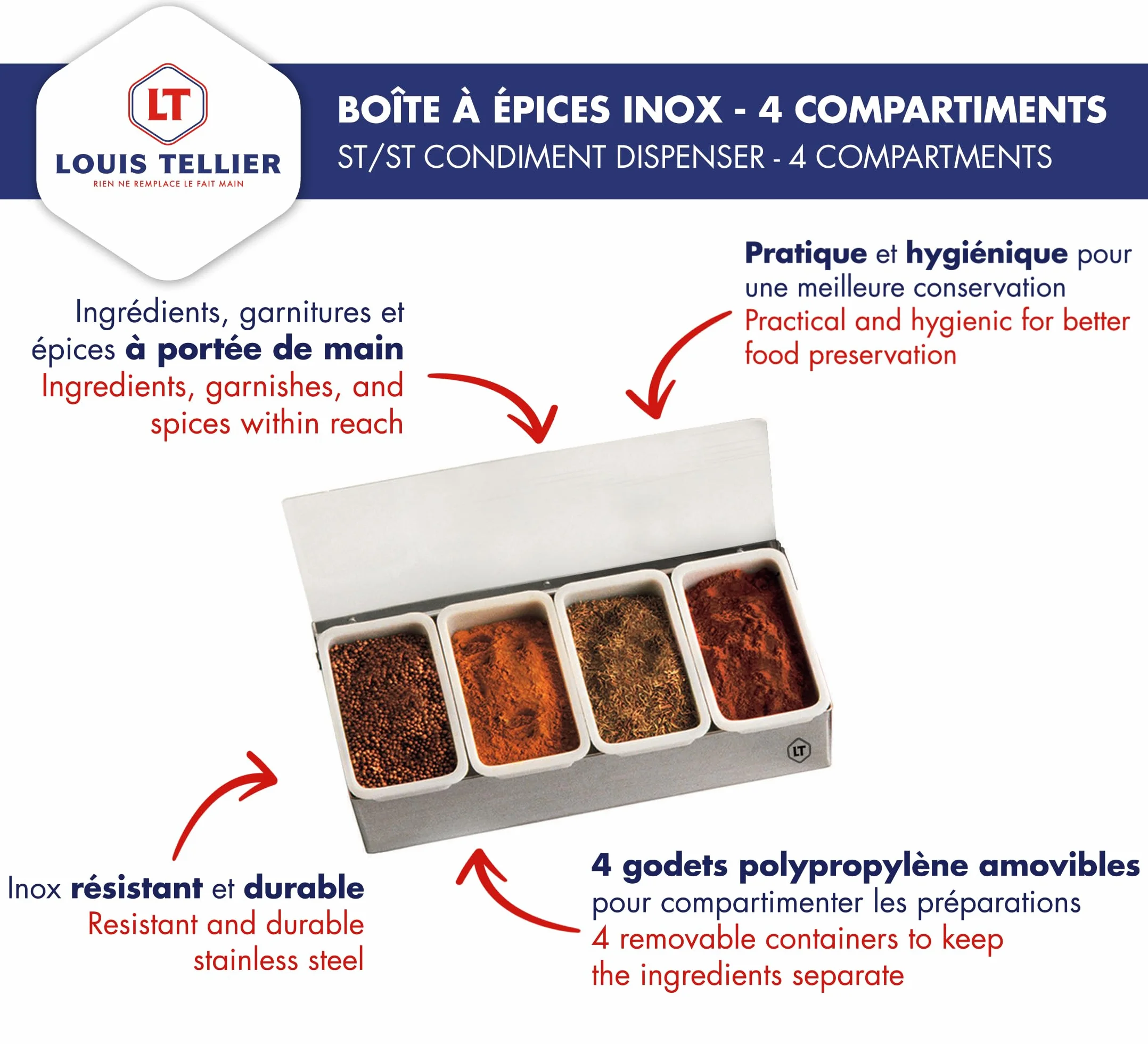 LOUIS TELLIER Boîte à épices INOX 4 compartiments Présentoir Distributeur