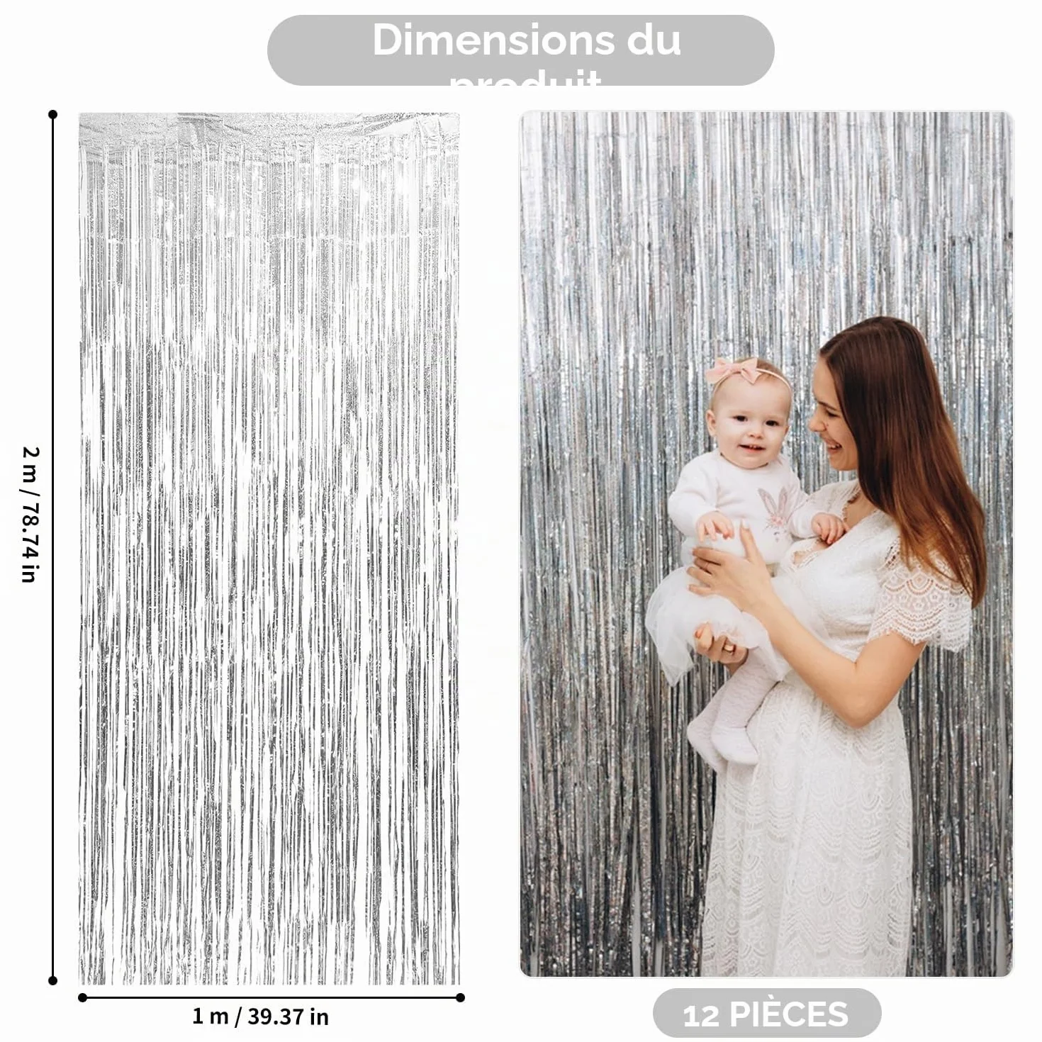 Rideau Métallique de Frange Argenté 12 Pièces 1m x 2m pour Fête Mariage Noël Halloween