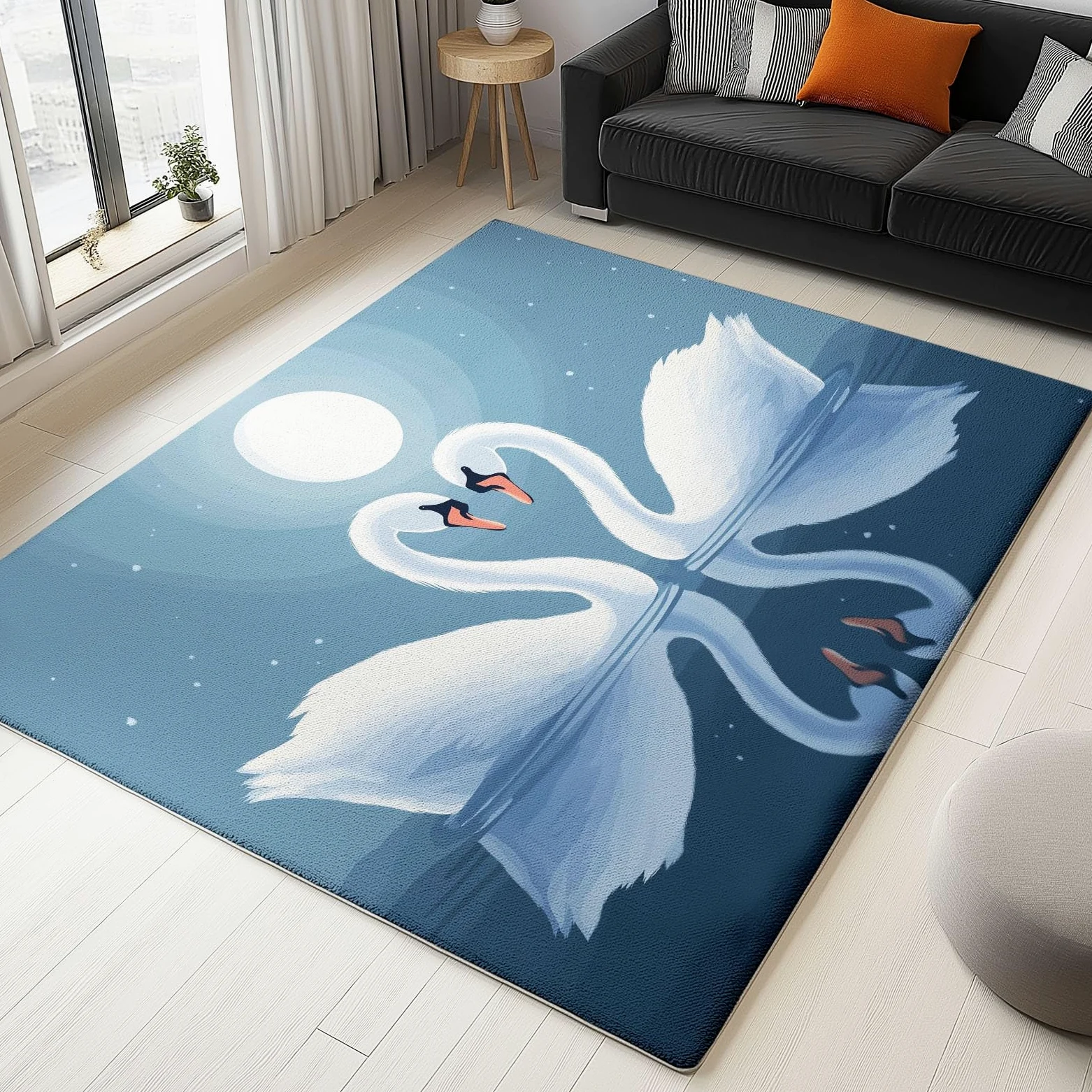 Bleu Tapis Enfant 140x200 cm Ciel Étoilé Lune Animaux Cygnes, Tapis Lavable en Machine et Antidérapant, Moquette à Poil Ras Doux pour Chambre et Salle de Jeux