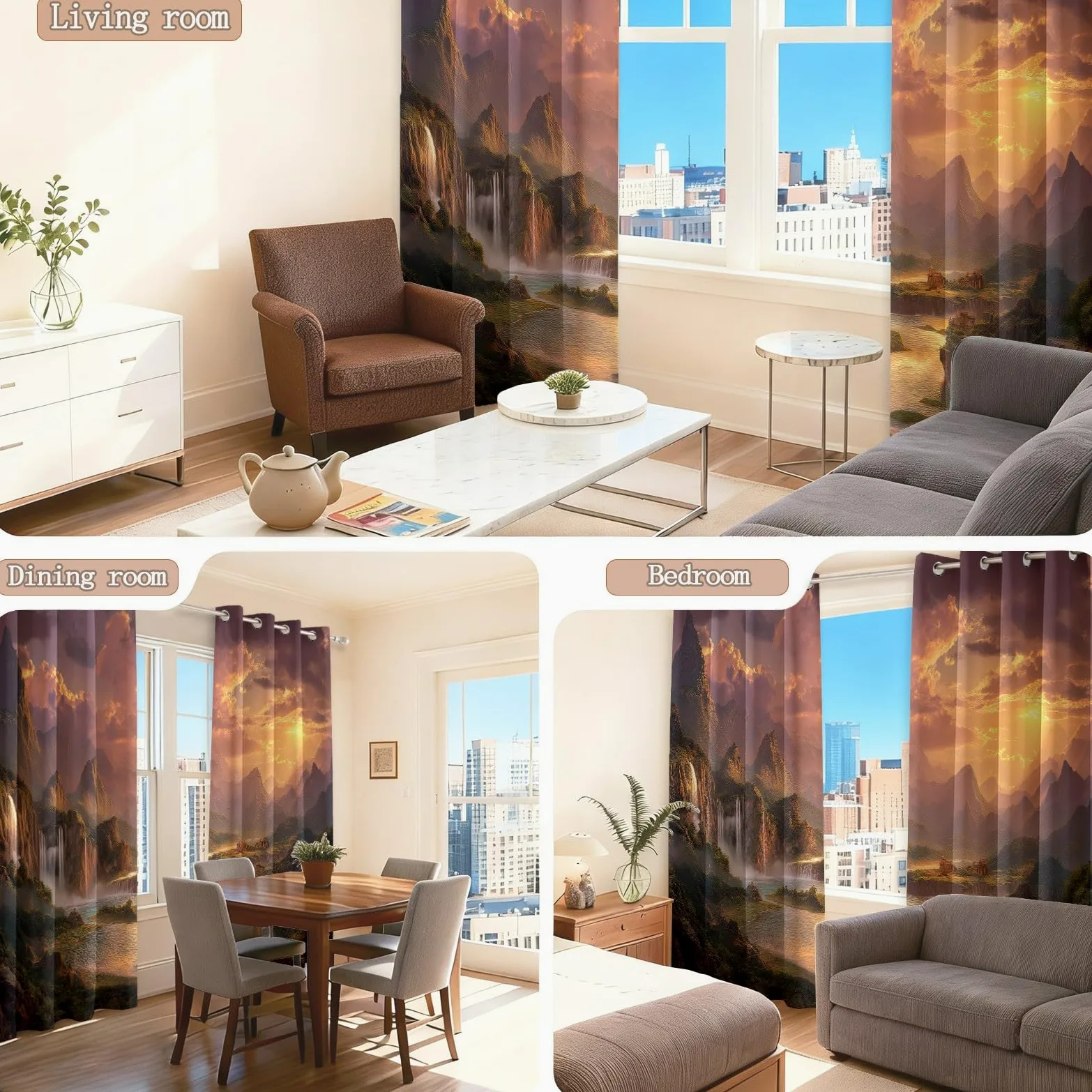 Générique Rideau Occultant, Paysage Onirique Motif Rideaux Thermiques à Oeillets, Cascade Rivière Nuages Rideaux Imprimé pour Salon Chambre Fenetre Décoration, 140 X 260 cm (LxH), Lot de 2