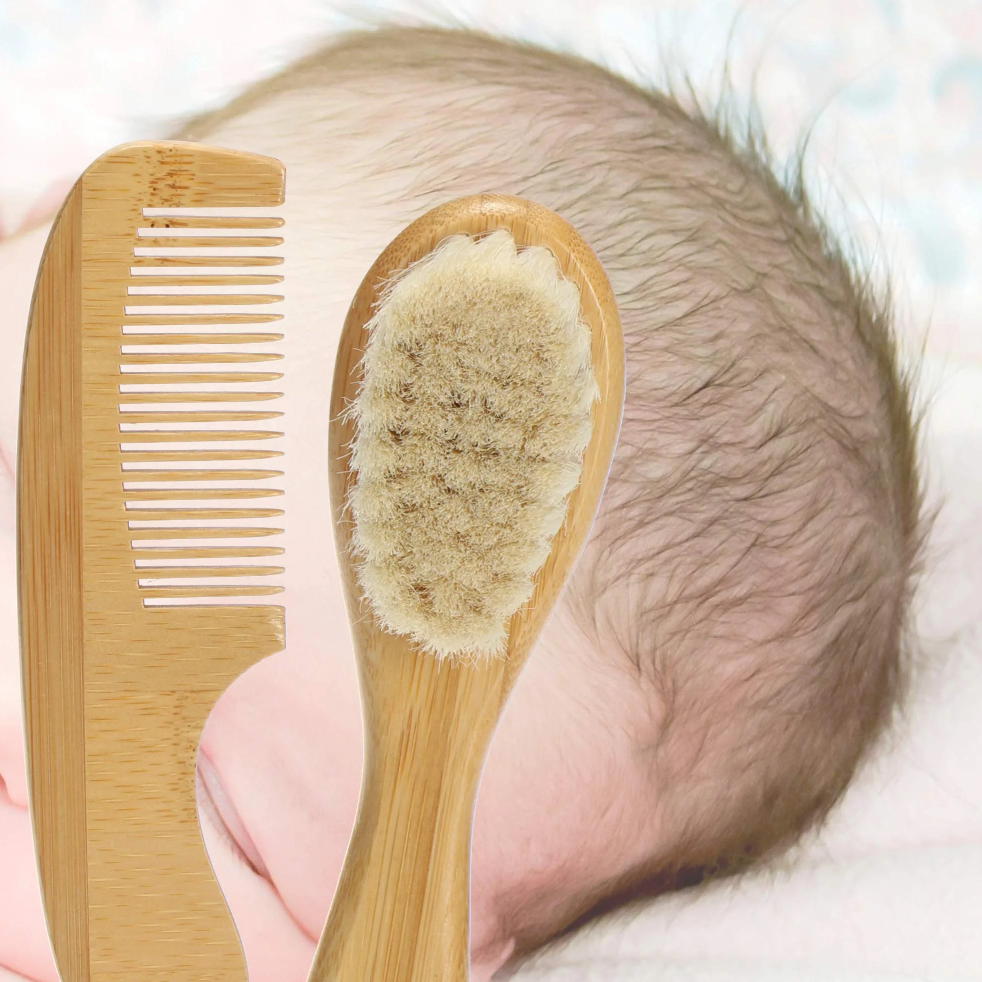 Ensemble de Soins capillaires bébé Brosse à Cheveux en Bambou Poils Doux Laine Peigne Mouton