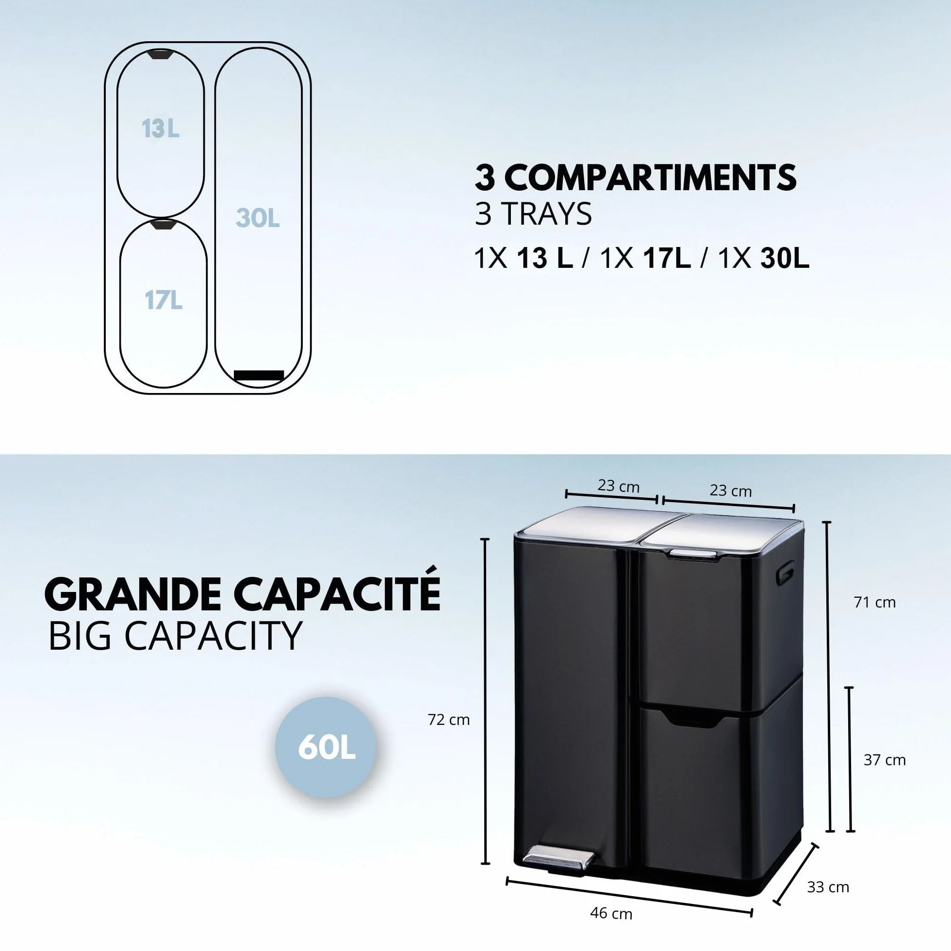 HAJA KITCHEN MOVE Poubelle de cuisine à pédale tri sélectif 60L acier Inox Noir