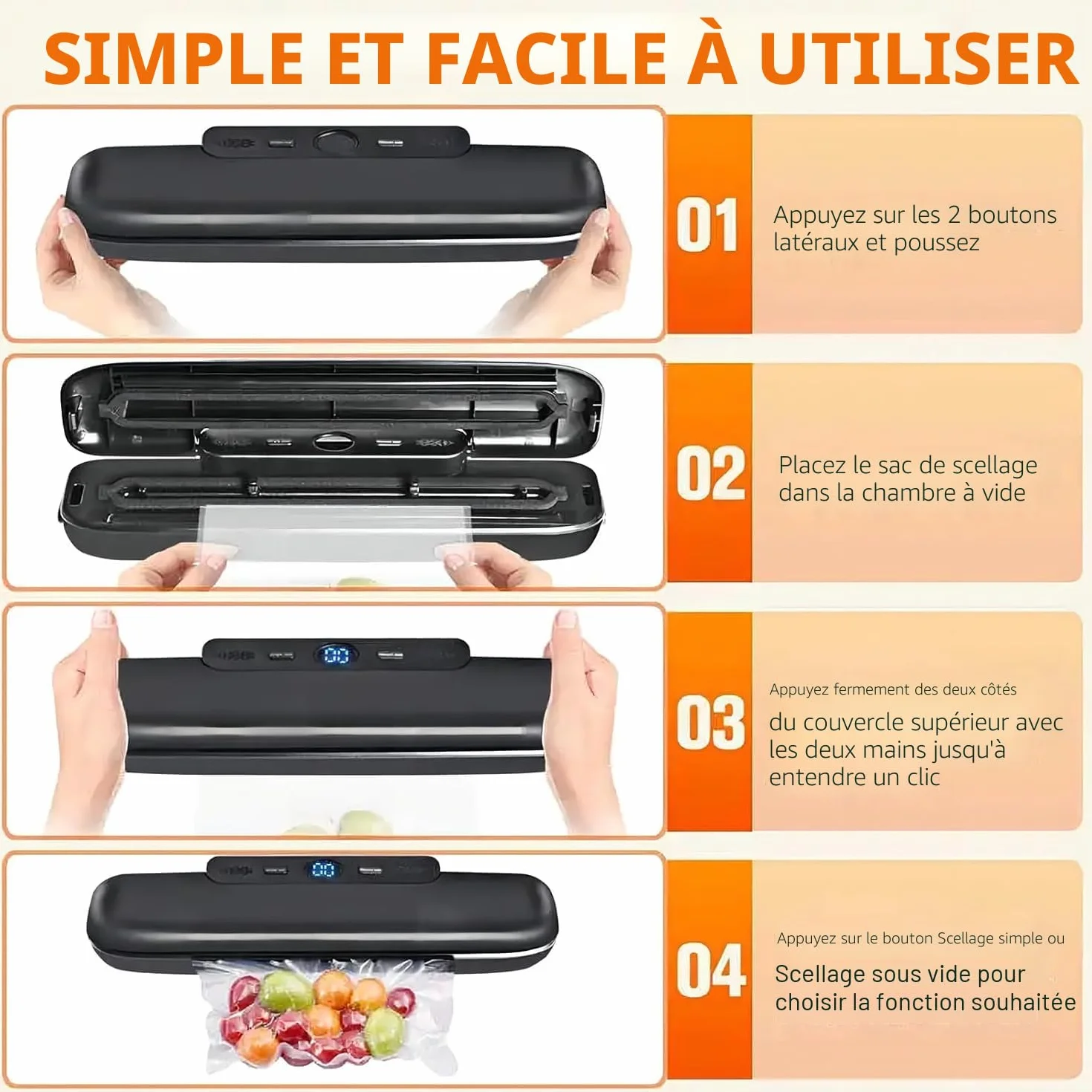 Machine à emballer sous vide automatique One Touch pour aliments, conservation sous vide, compacte (Noir)