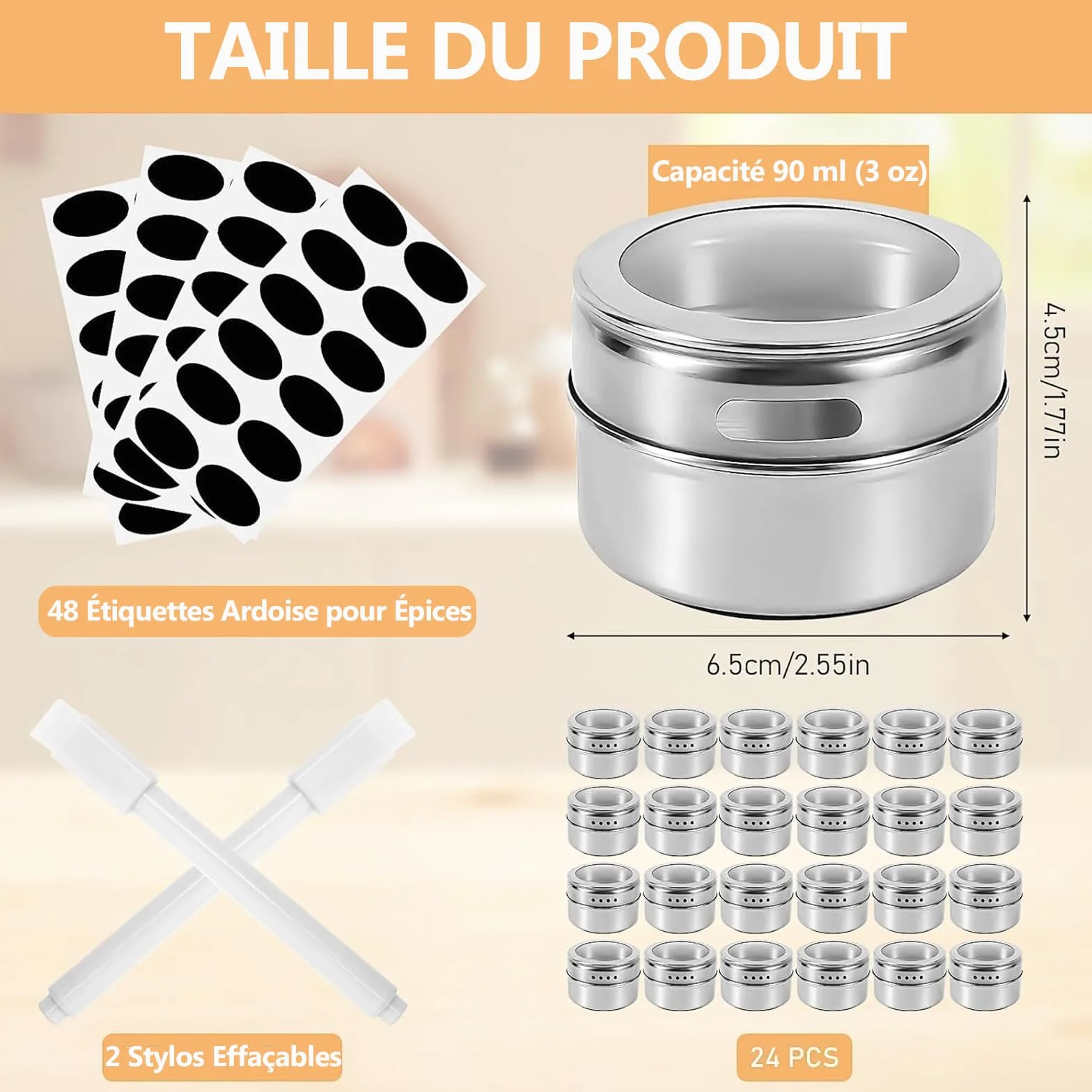Pots à Épices Magnétiques Acier Inoxydable Lot 24 avec Couvercles 48 Étiquettes 2 Marqueurs