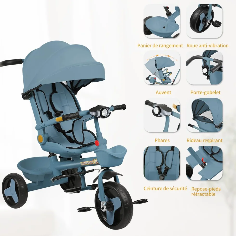 Poussette Canne 3 Roues 5 en 1 Tricycle Évolutif jusqu'à 25 kg Pliage Compact