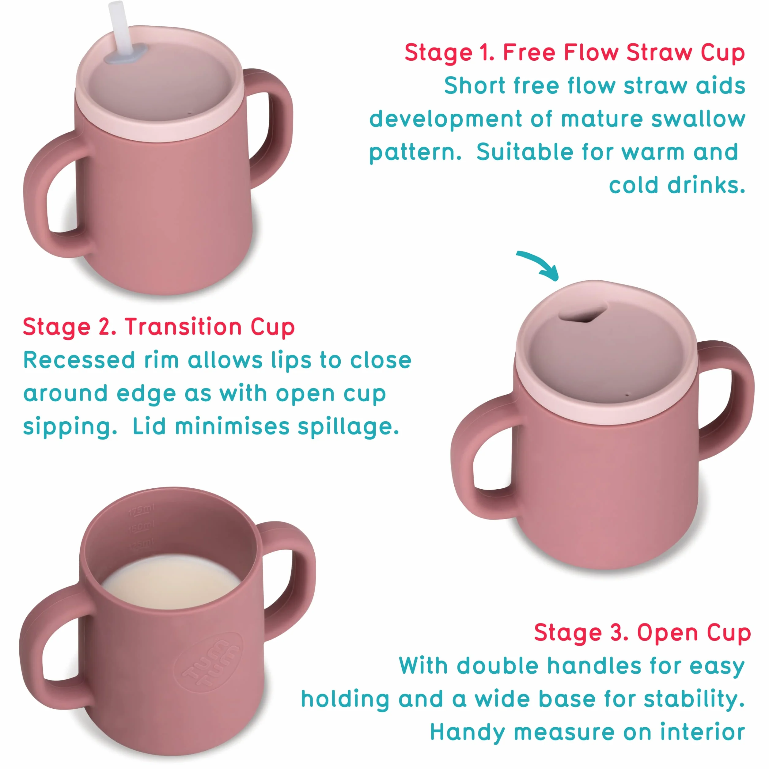 TUM TUM Tasse Apprentissage Bébé 3-en-1, 250 ml, Rose