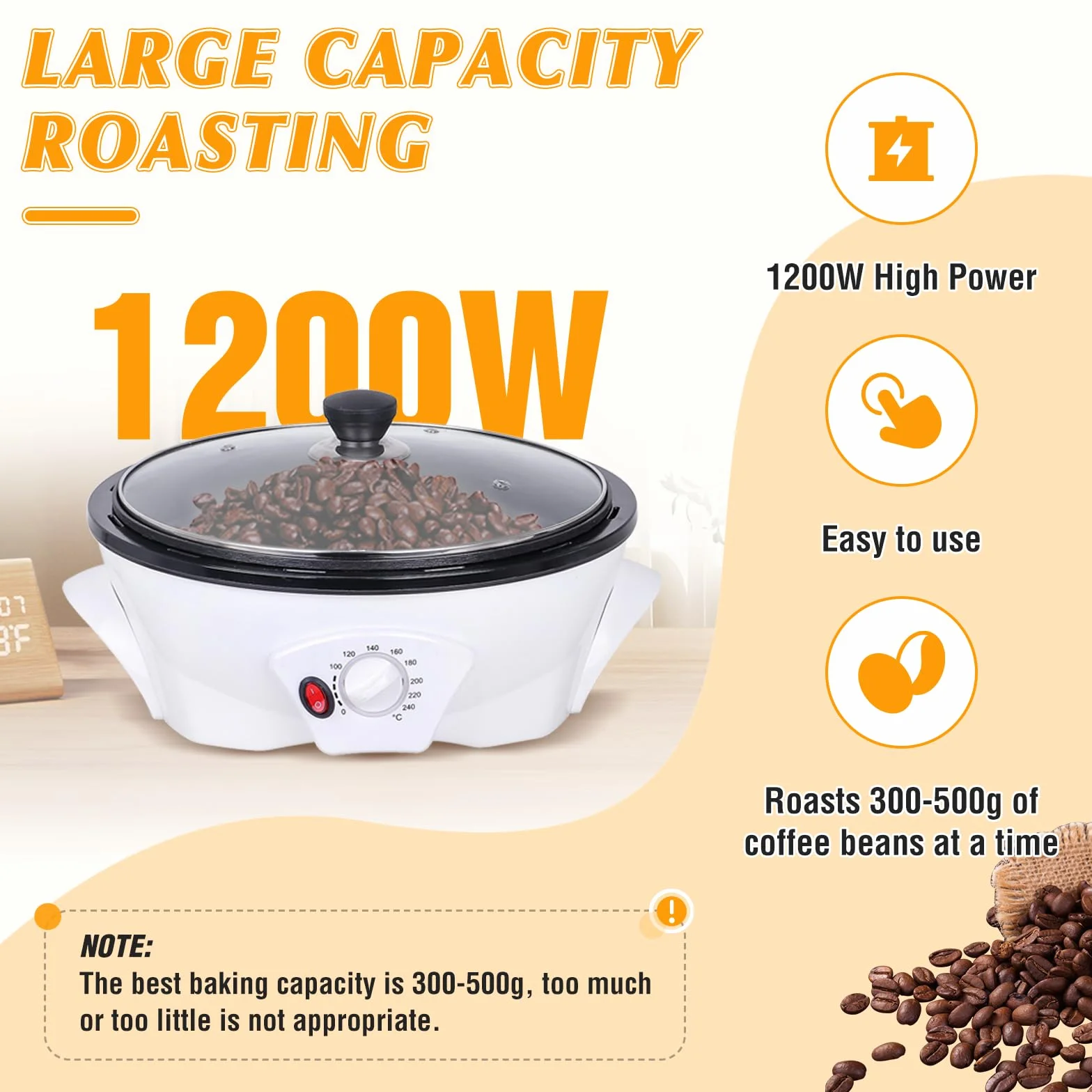 Torréfacteur de Café 500g 0-240℃ avec Minuterie 1200W