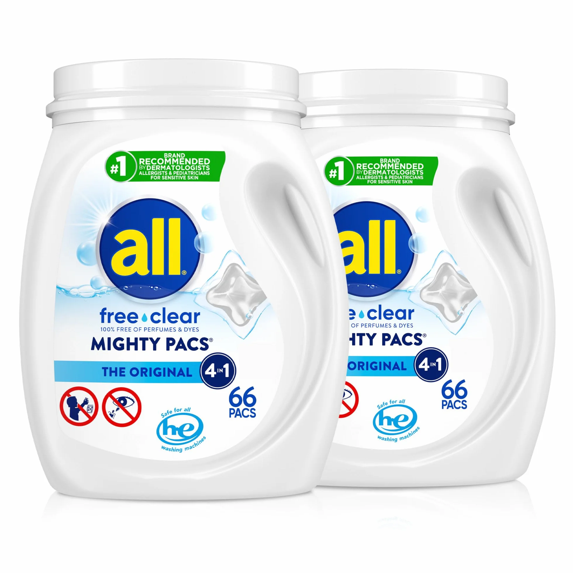 All Mighty Pacs Laundry Detergent Free Clear Sensitive Skin 66 Count (Lot de 2)