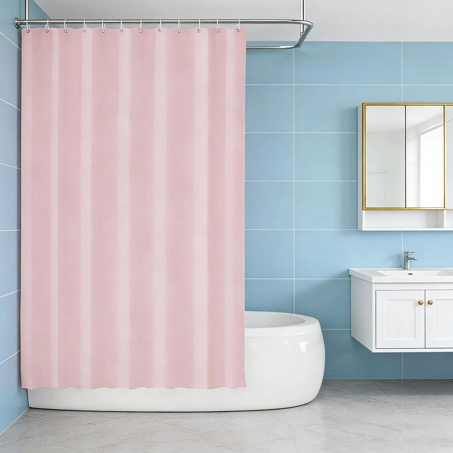 Rideaux de Douche 80 x 290 cm Tissu Polyester Rideau Douche Anti Moisissure avec 12 Crochets pour Salle de Bain, Baignoire, Rose