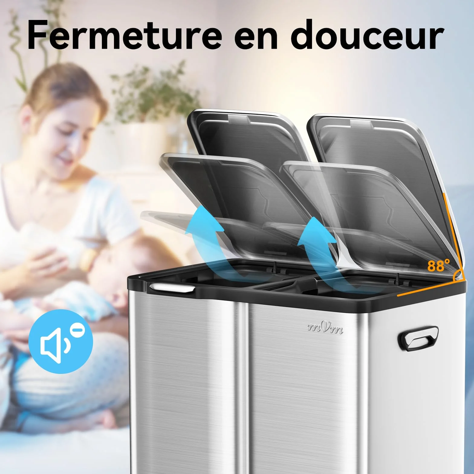 mVm Poubelle de Cuisine Triple 3 Compartiments 60L Acier