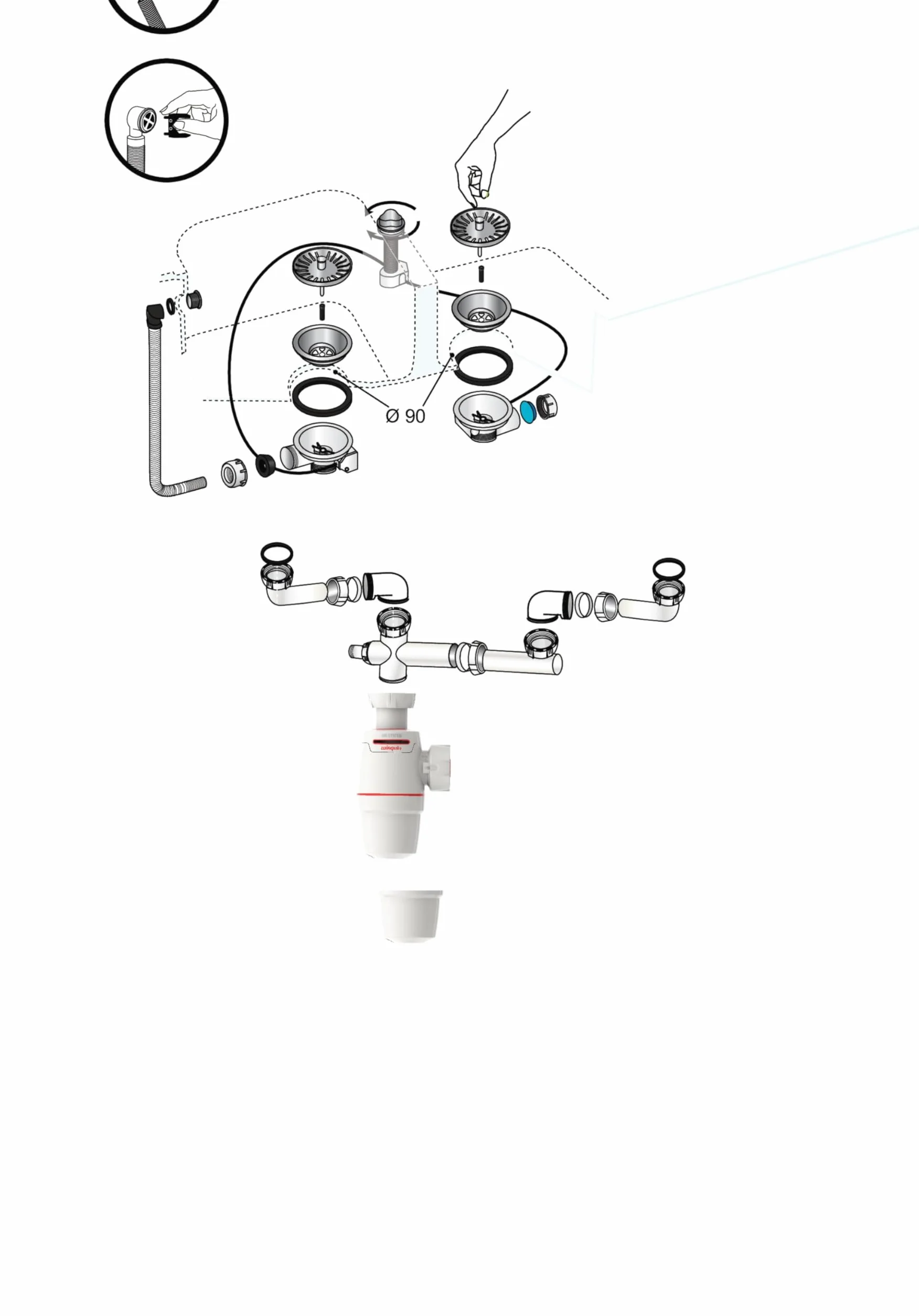 Wirquin Ensemble bonde siphon Néo Air blanc évier 2 bacs anti-vide intégré