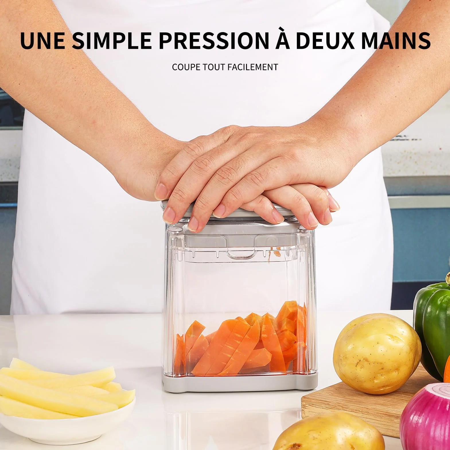 Coupe Frites Manuel, Coupe Frite Rapide avec 3 Lames en Acier Inoxydable, Gris