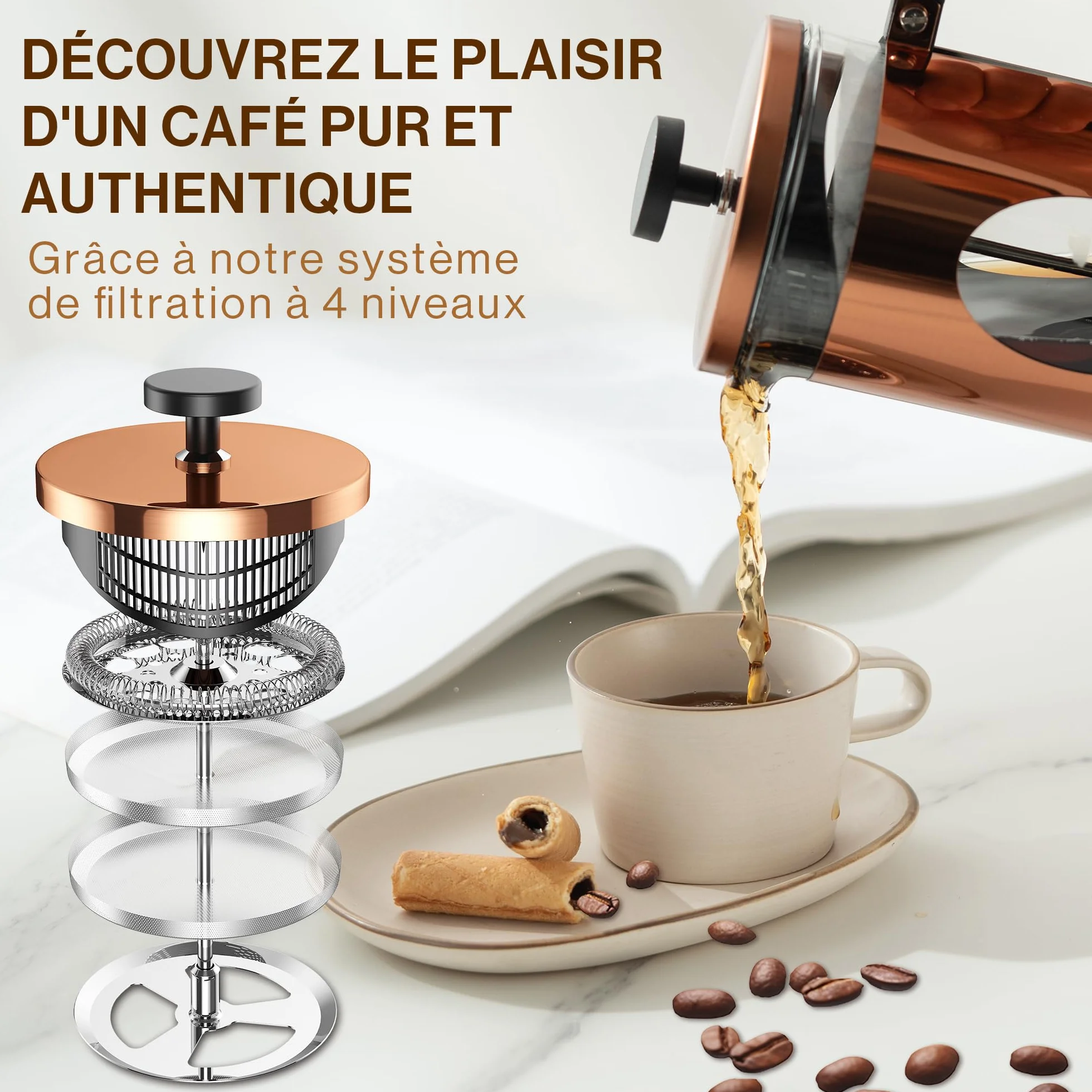 BonVIVO Cafetière à Piston 1L Inox Verre Thermorésistant French Press avec Filtres de Rechange Finition Cuivre