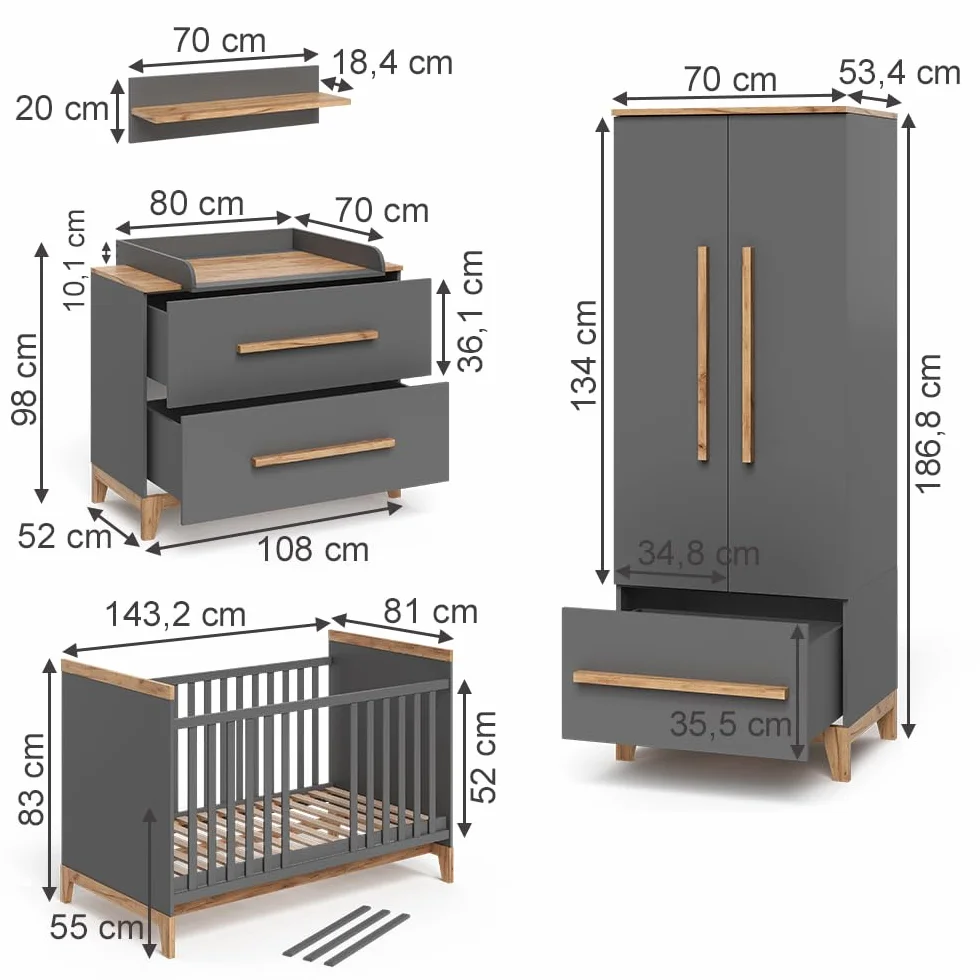 VitaliSpa Set de Chambre d'enfant Malia, Gris/chêne, Lot de 4