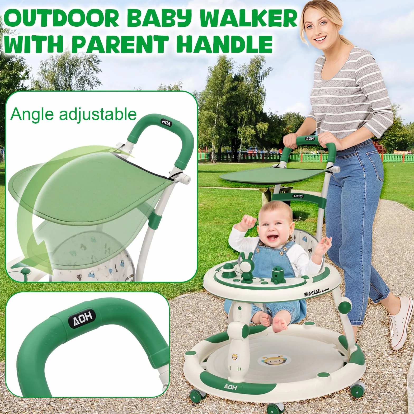 Trotteur Bébé Evolutif 3en1, Jumper Bébé Roues Silencieuses 360°, Centre de Jeux, Table à Manger, Réglable Hauteur, Pliable, Vert