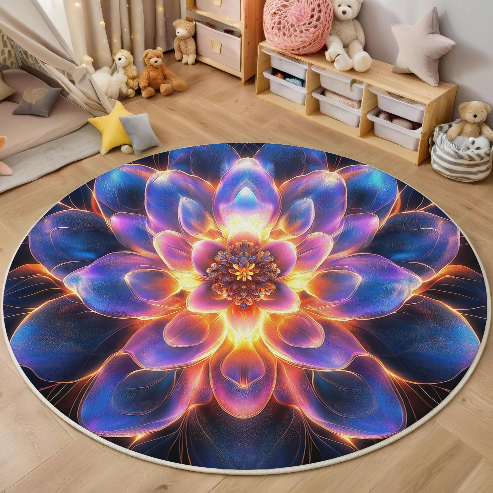Tapis Rond 100cm, Microfibre Douce Tapis Circulaire Fantastique Art, Moquette Salon Chambre, Imprimés Brillant Mandala Antidérapant Lavable Moquette de Décoration, Bleu Violet