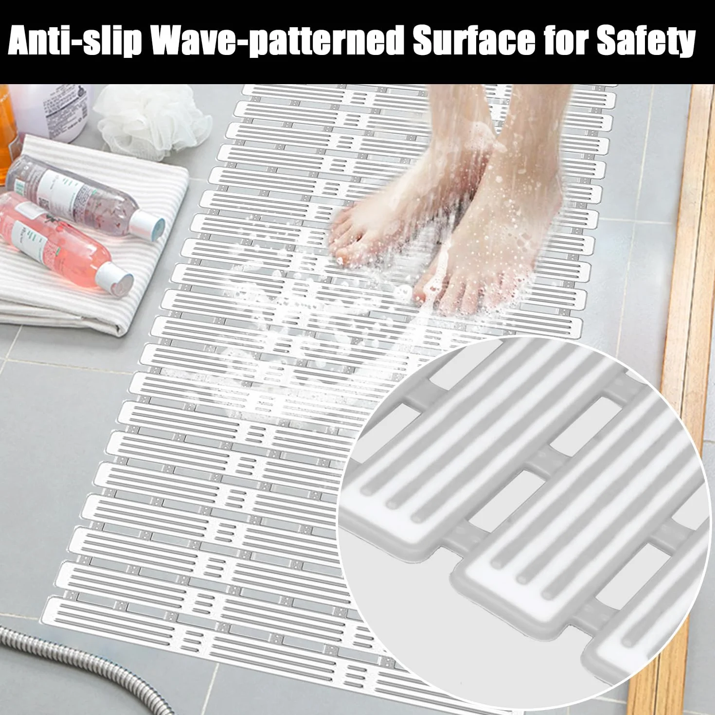 Tapis de Baignoire Antidérapant 90x40cm PVC Sans BPA & Latex Gris-Blanc