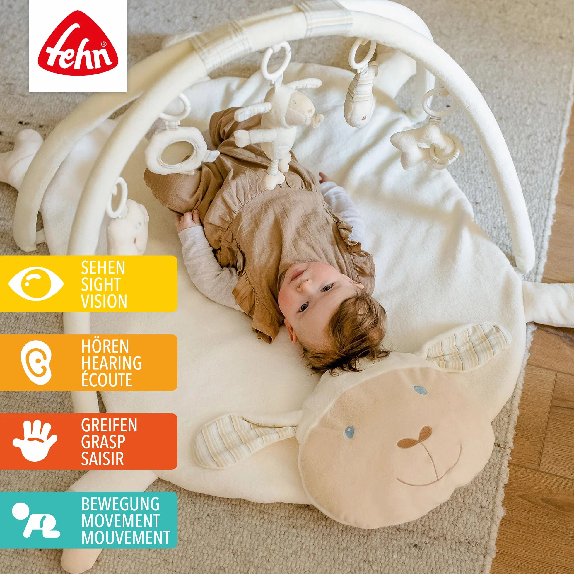 Fehn Couverture d'activités 3D Arche de jeu mouton avec 5 jouets amovibles pour bébés dès 0+ mois