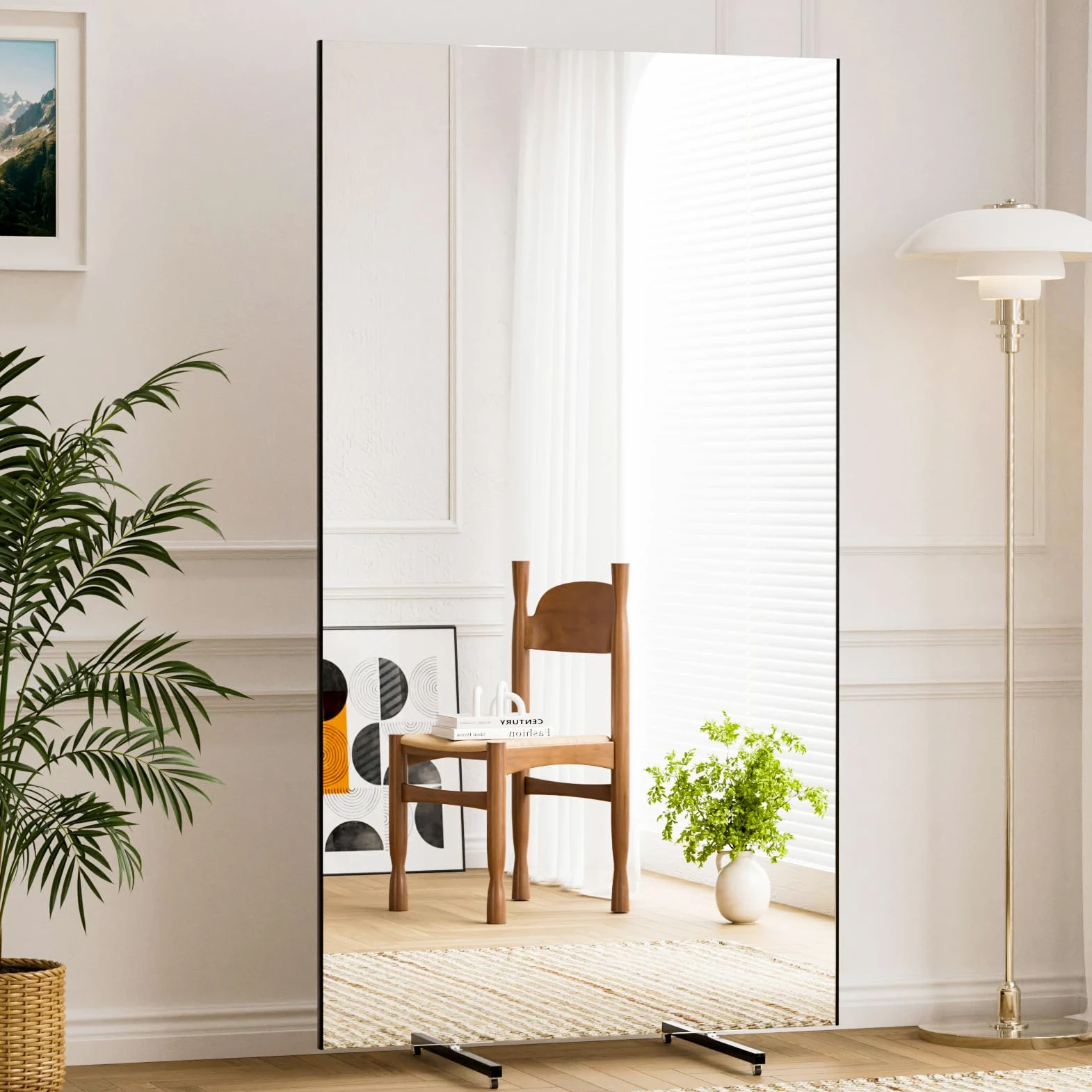 brisafe Miroir intégral sans verre - 180 x 100 cm - Rotatif - Incassable - Noir | Miroir sur pied léger avec roulettes, mobile ; pour salle de gym, salle de danse, yoga, boutique et gym à domicile