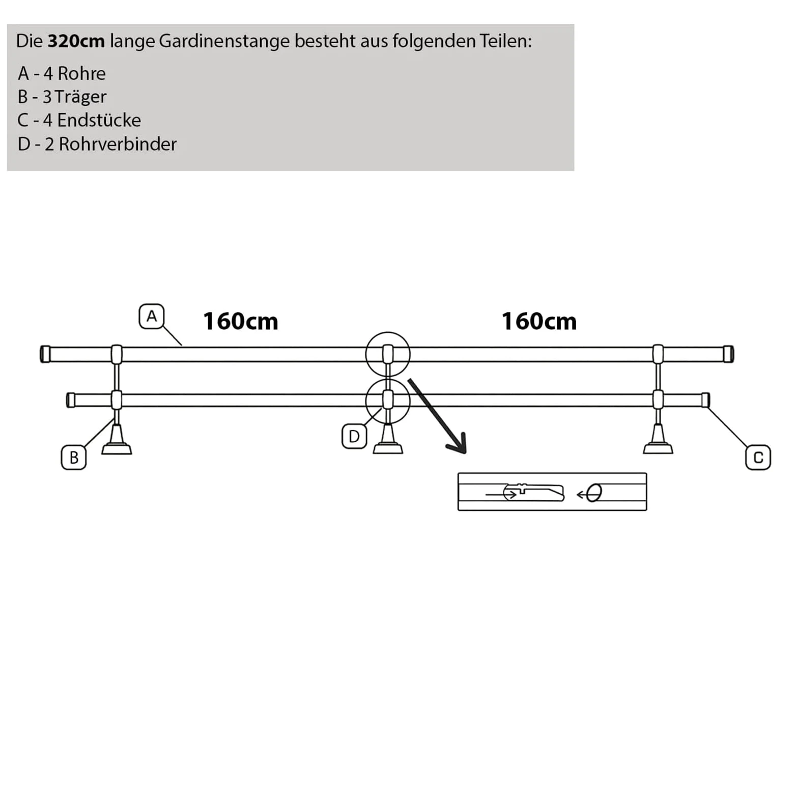MDEKOR Tringle à rideaux double rail en métal aspect inox diam.19 mm 320