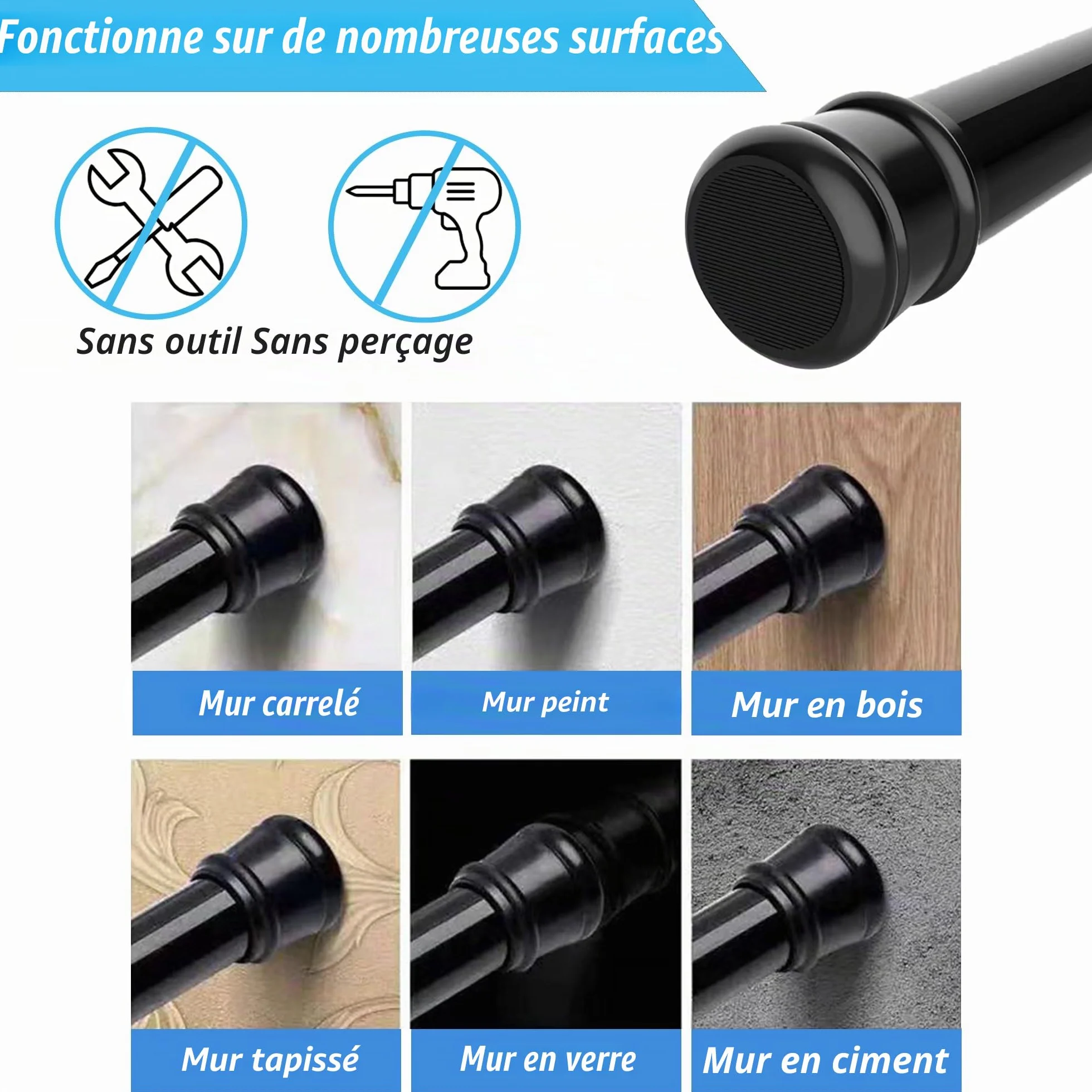 Tringle à rideaux télescopique sans perçage 66-90 cm blanc diamètre 25 mm