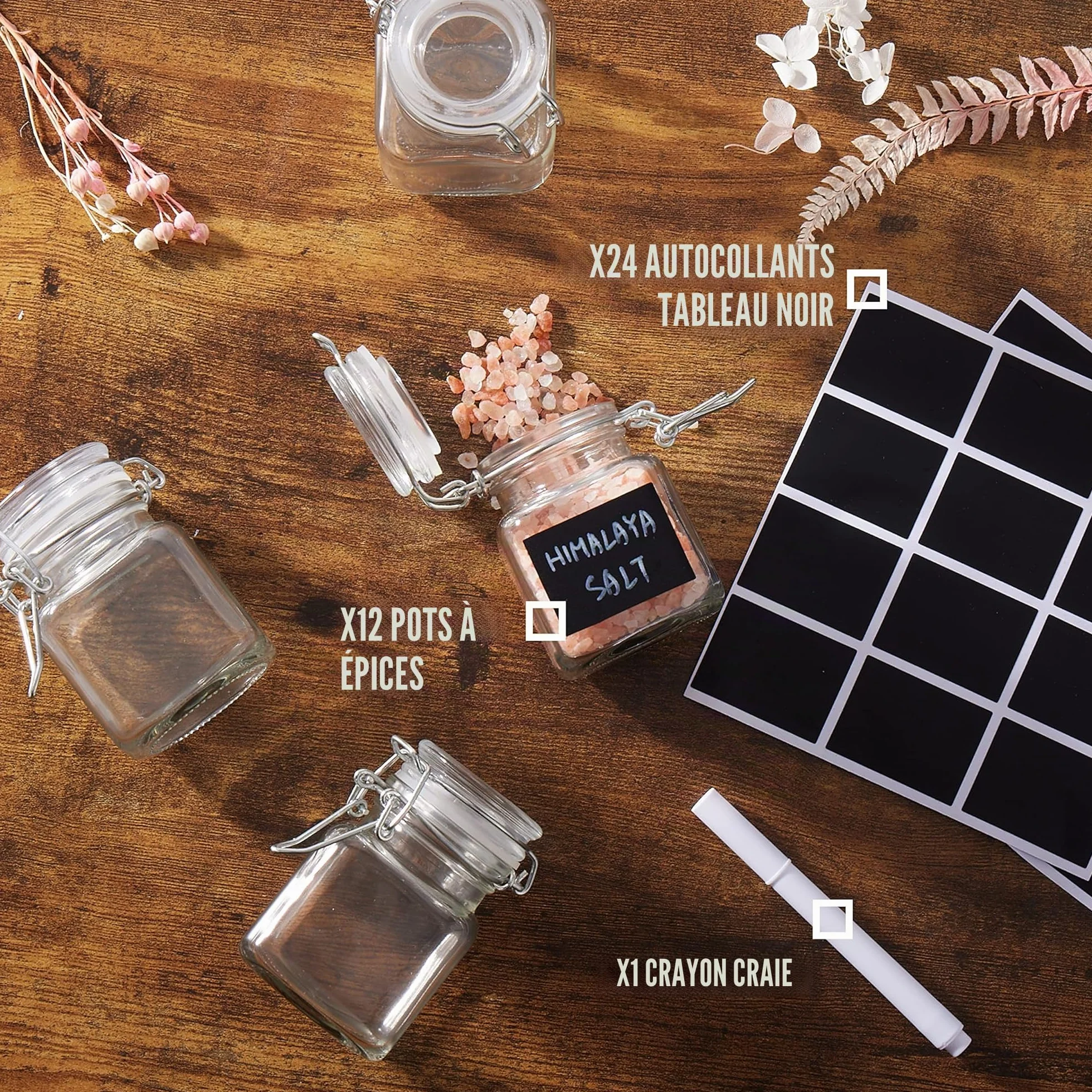 Mini Pots à Épices en Verre Hermétique 100ml avec Clip, Étiquettes & Stylo à Craie - Rangement Cuisine