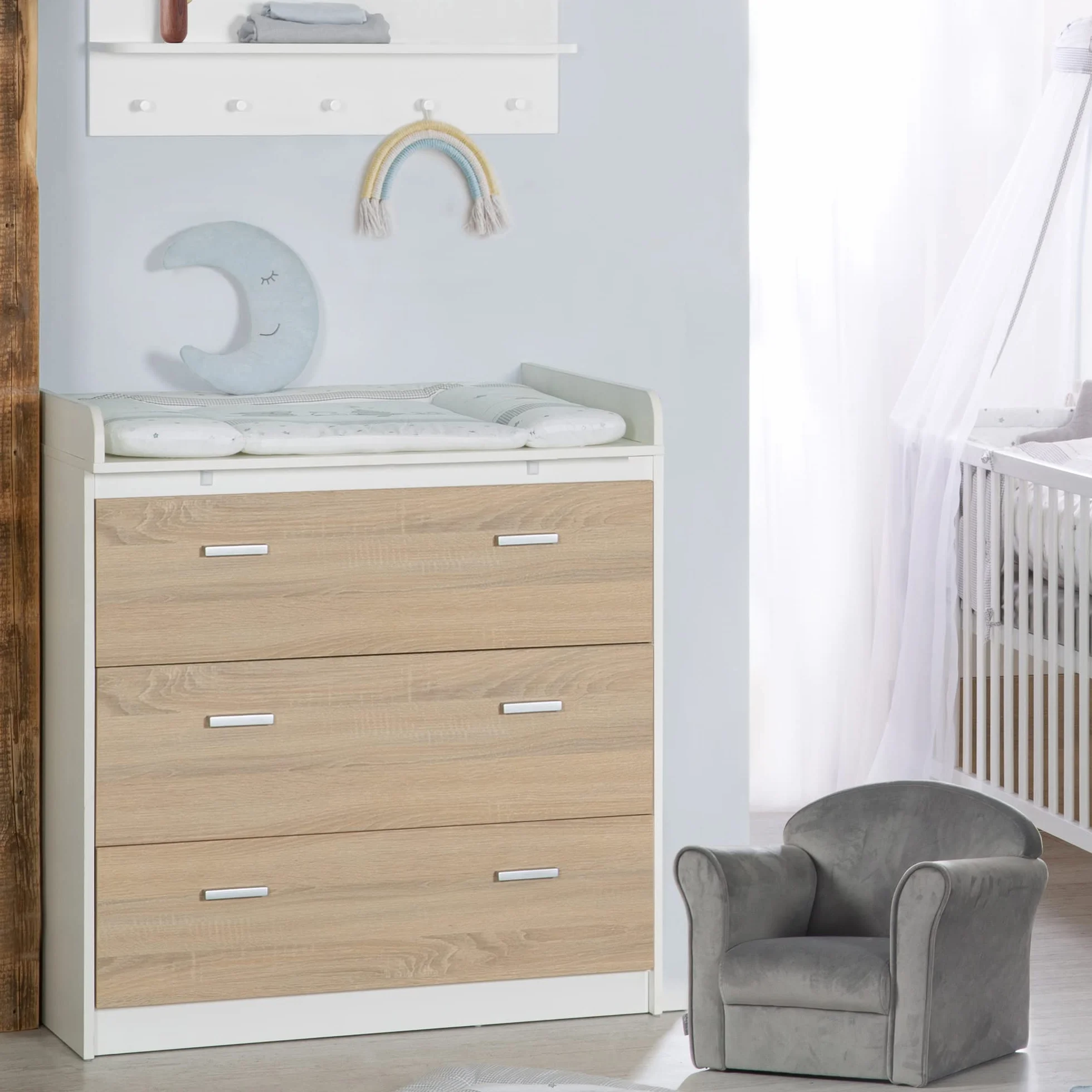 roba Gabriella Chambre Bébé Complète Lit Évolutif 70x140 cm Commode à Langer Armoire 3 Portes Blanc Décor Bois