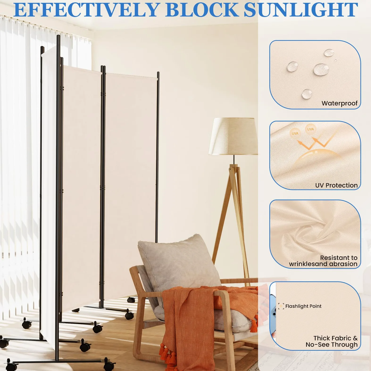 WELDUN Paravent de pièce à roulettes - 4 pièces - 223,5 x 183 cm - Brise-Vue Pliable - Cloison de séparation Amovible - Blanc