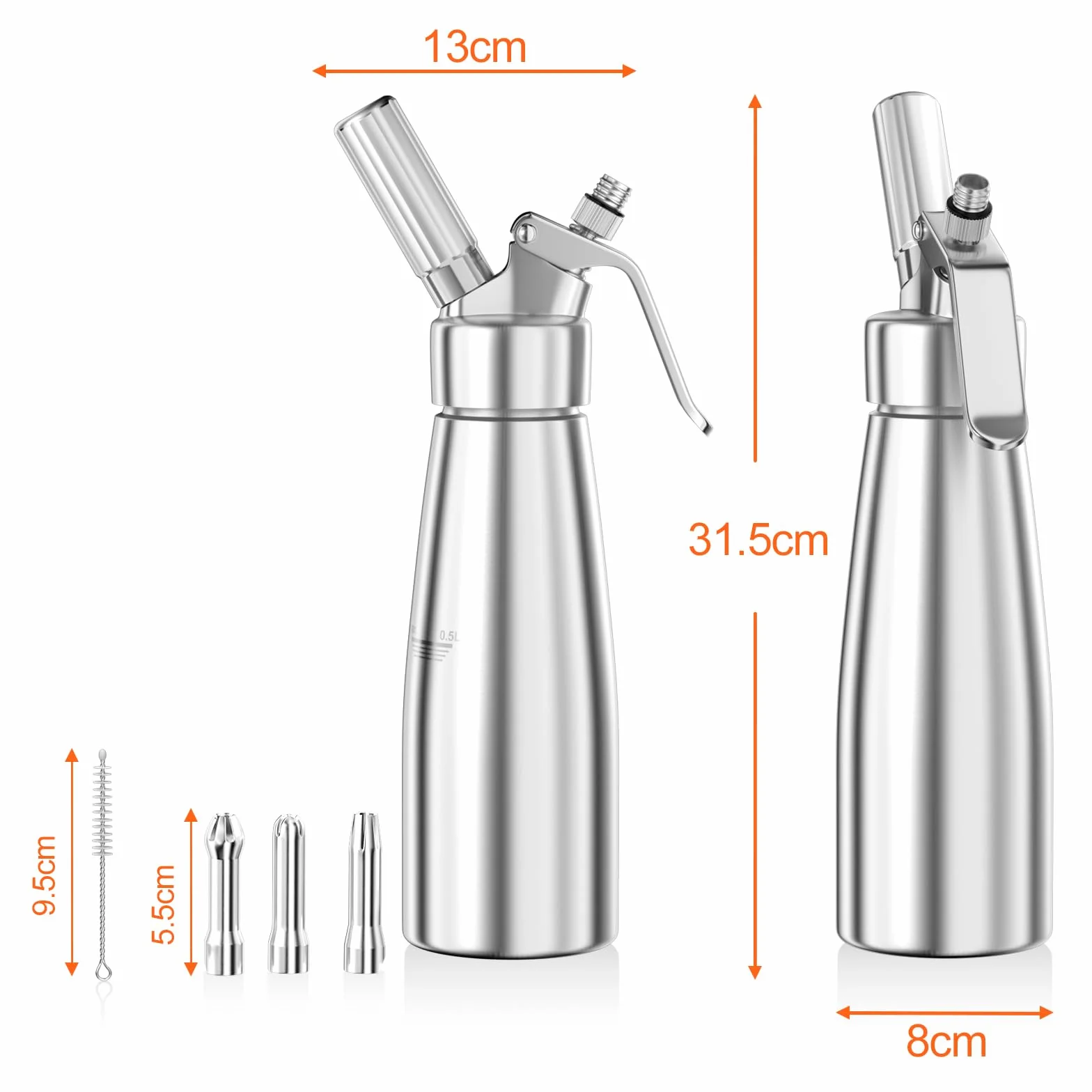 Newaner 500ml siphon chantilly crème aluminium avec 3 douilles acier inoxydable brosse nettoyage