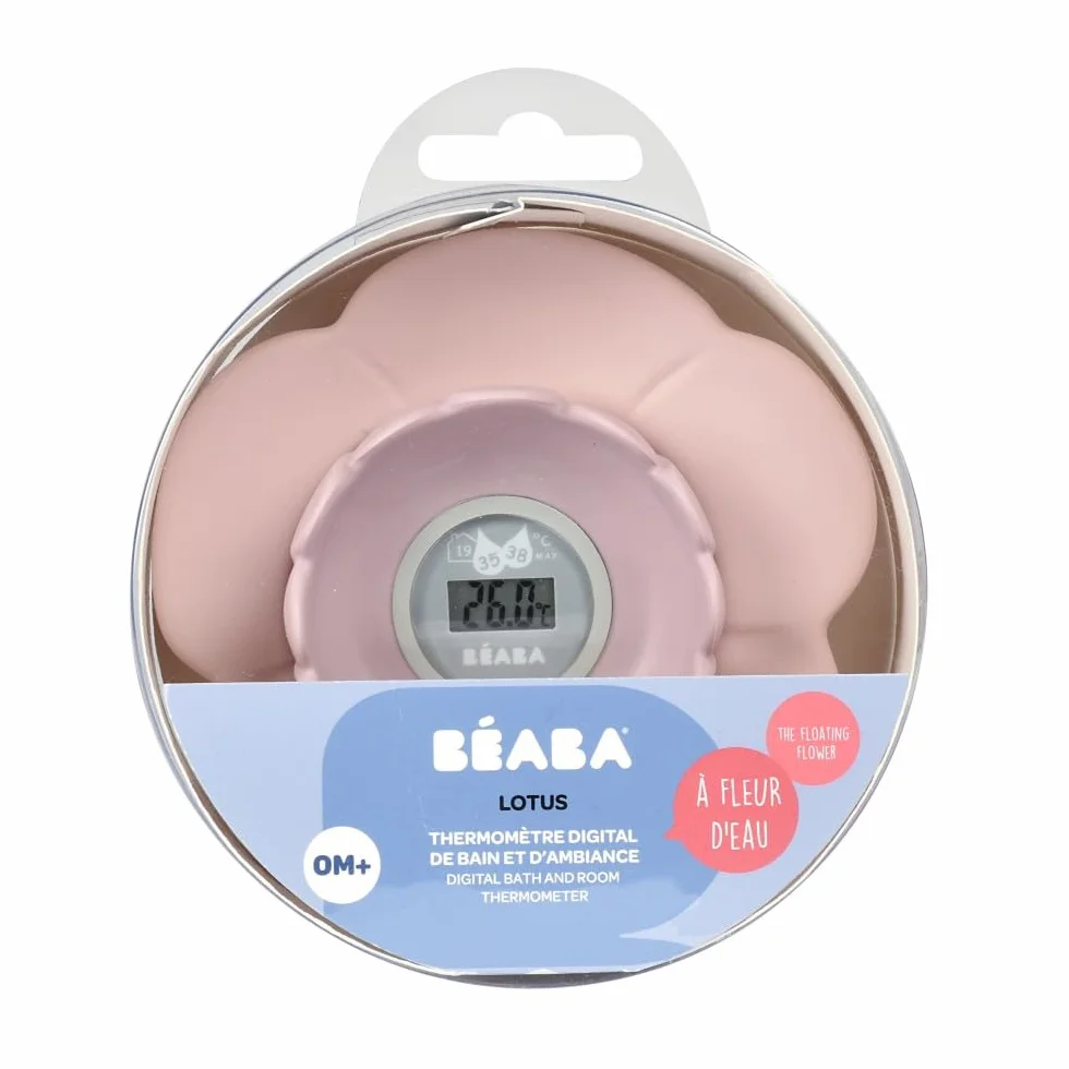 Béaba Thermomètre de bain Lotus Digital Multifonctions Prise température pièce et bain Forme Fleur Old Pink