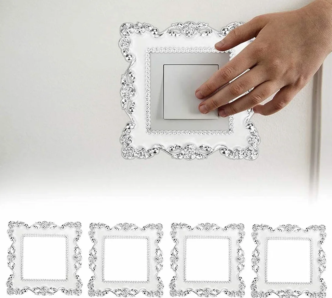 LATRAT Lot de 4 autocollants de luxe pour interrupteur 155 mm x 86 mm Fleurs blanches argentées Décoration murale