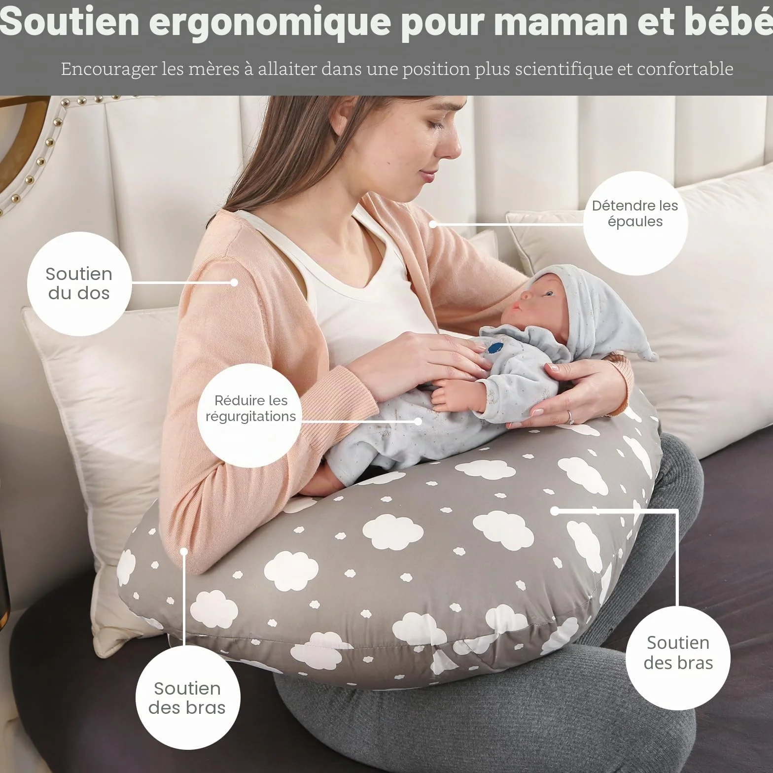 Labtec Coussin d'allaitement multifonctionnel pour bébé avec sangle de taille réglable, housse amovible 100 % coton