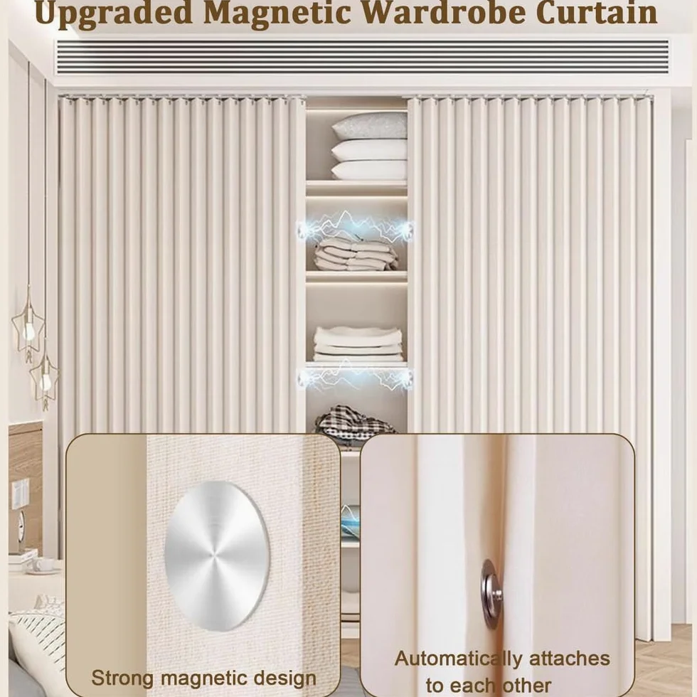 Rideau De Placard Coulissant Magnétique,Rideau De Penderie Imperméable Et Pliable (Protection Contre Le Froid Et La Poussière) pour étagères Ouvertes — avec Rail,H2,Track W300/Curtain H240cm